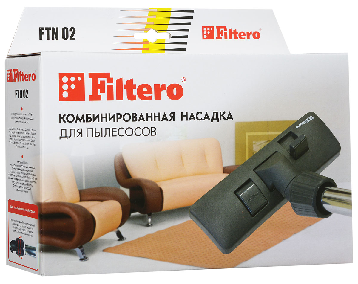 Filtero FTN 02 насадка для пылесосаFTN 02 Filtero FTN 02 насадка для пылесосаFTN 02Комбинированная насадка Filtero FTN 02пол – ковер с шириной рабочей зоны 26 см оснащена универсальным зажимом, который обеспечивает возможность использования насадки с большинством пылесосов известных марок, с диаметром удлинительной трубки 30 - 37 мм.Насадка Filtero FTN 02 с удобным в переключении 2-х позиционным переключателем жесткий пол - ковер позволяет производить уборку любых напольных покрытий.