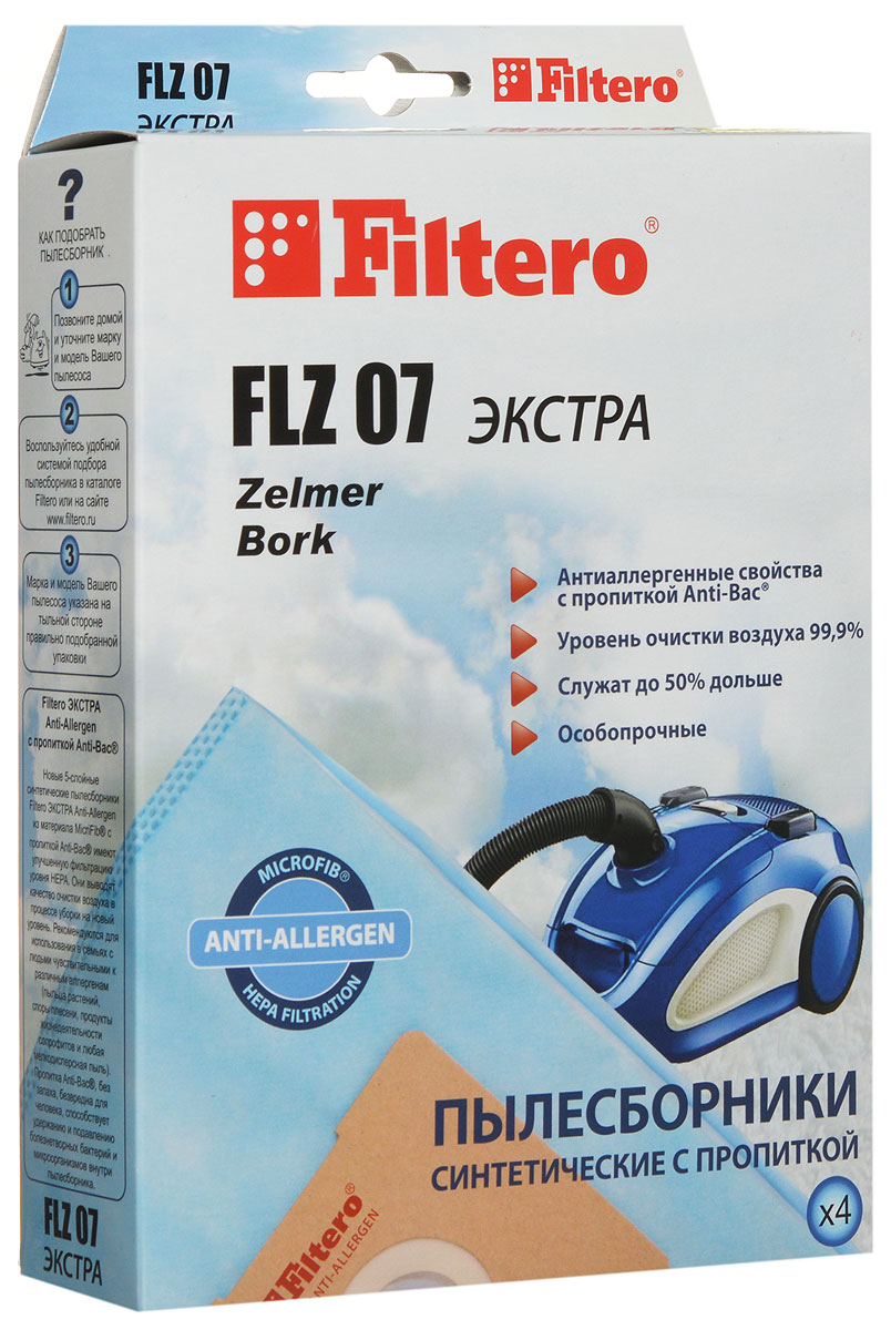 Filtero FLZ 07 Экстра пылесборник (4 шт)FLZ 07 (4) ЭКСТРА Filtero FLZ 07 Экстра пылесборник (4 шт)FLZ 07 (4) ЭКСТРАМешки-пылесборники Filtero FLZ 07 произведены из синтетического микроволокна MicroFib с антибактериальной пропиткой Anti-Bac. Очень прочные, они не боятся острых предметов и влаги, собирают больше пыли (до 50%) и обеспечивают уровень очистки воздуха 99,9%, а также задерживают бактерии и препятствуют их распространению. При этом мощность всасывания пылесоса сохраняется в течение всего периода службы пылесборника.Пылесборники Filtero FLZ 07 ЭКСТРА подходят для следующих моделей пылесосов: ZELMER: 321.0 Elf, 321.5 Elf, 321.6 Elf, 322.0 Elf Bonus, 322.5 Elf Bonus, 322.6 Elf Bonus, 323.0 Elf 2, 323.5 Elf 2, 400.0 Meteor 2, 400.5 Meteor 2, 450.0 Odyssey, 819.0 Wodnik Duo Plus, 819.5 Wodnik Duo Plus, 829.0 Aquos, 829.5 Aquos, 919.0 Aquawelt, 919.5 Aquawelt, 1500.0 Orion, 1500.5 Orion, 1600.0 SP, ST Syrius, 1600.3 HQ, HT Syrius, 2010.0 Cobra Plus, 2010.5 Cobra Plus, 2500.0 Orion Max, 2500.5 Orion Max, 2700.0 Clarris, 2750.0 Clarris Twix, 3000.0 Magnat, 3000.5 Magnat, 4000 SP, ST Jupiter, 5000.0 Solaris HP, HT, 5000.3 Solaris HQ, HT, 5500.0 HT Solaris Twix; BORK: VC 8718 SI, VC 8818 BL.