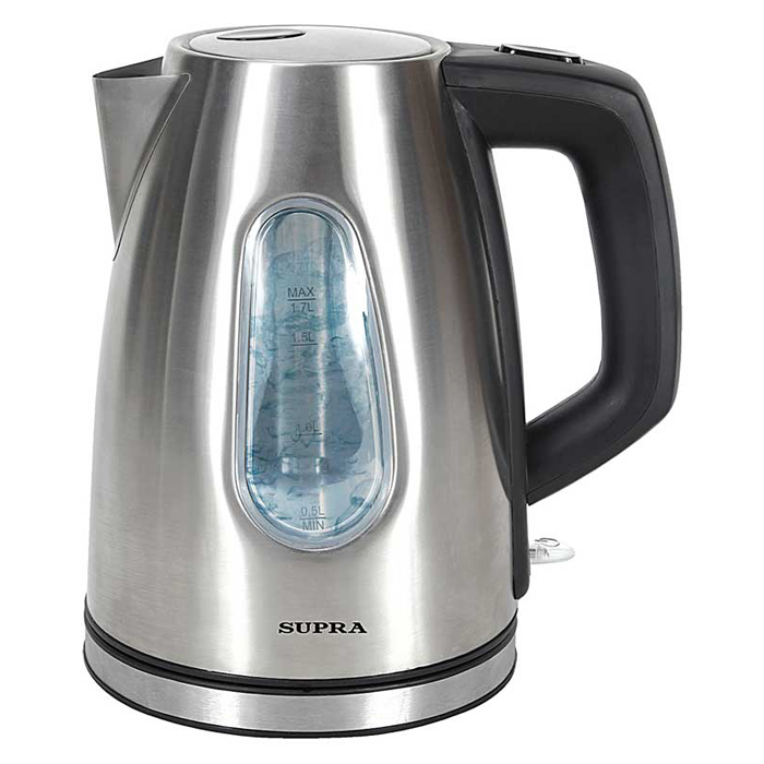 Supra KES-1734 чайник электрическийKES-1734 Supra KES-1734 чайник электрическийKES-1734Электрочайник Supra KES-1734 имеет корпус из нержавеющей стали. Максимальный объем составляет 1,7 л, а мощность 2000 Вт. Среди особенностей данной модели можно выделить закрытый нагревательный элемент, съемный моющийся фильтр, индикацию включения, защиту от перегрева, вращение корпуса на 360 градусов, и автоматическое открывание крышки.