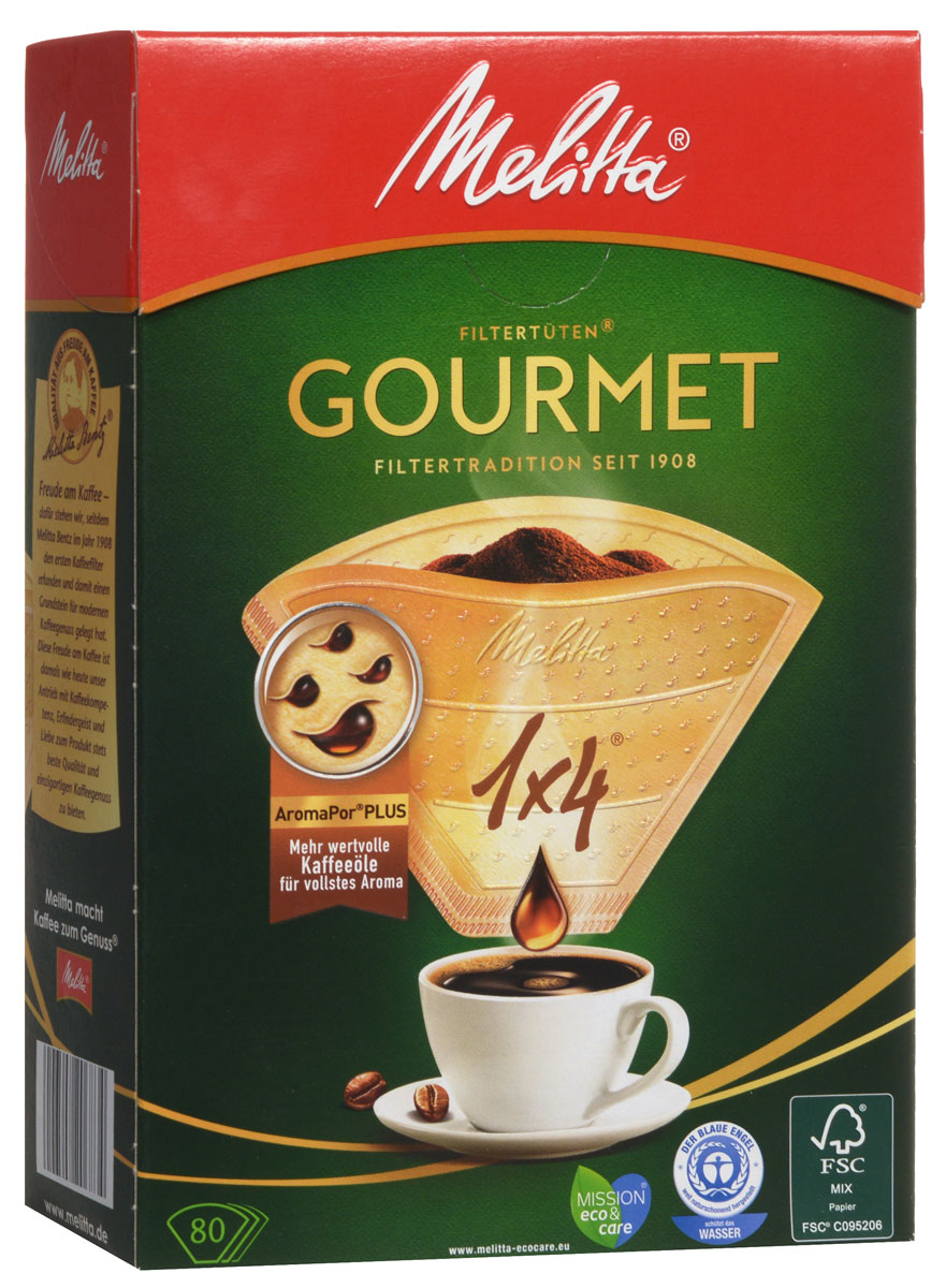 Melitta Gourmet фильтры для заваривания кофе, 1х4/800100970 Melitta Gourmet фильтры для заваривания кофе, 1х4/800100970Кофе-фильтры Melitta Gourmet - это новый уровень наслаждения полным букетом завариваемого кофе. Инновационные ароматические поры Plus усиливают прохождение нежных кофейных масел, являющихся носителями более чем 800 кофейных ароматов, и повышают ароматность напитка. Каждая из трех ароматических зон состоит из разного количества ароматических пор, что приводит к оптимальному раскрытию аромата. Так вы всегда наслаждаетесь совершенным вкусом вашего любимого кофе.Размер: 1x4Оптимальное раскрытие ароматаВысочайшая степень фильтрацииЧрезвычайно прочный двойной шов