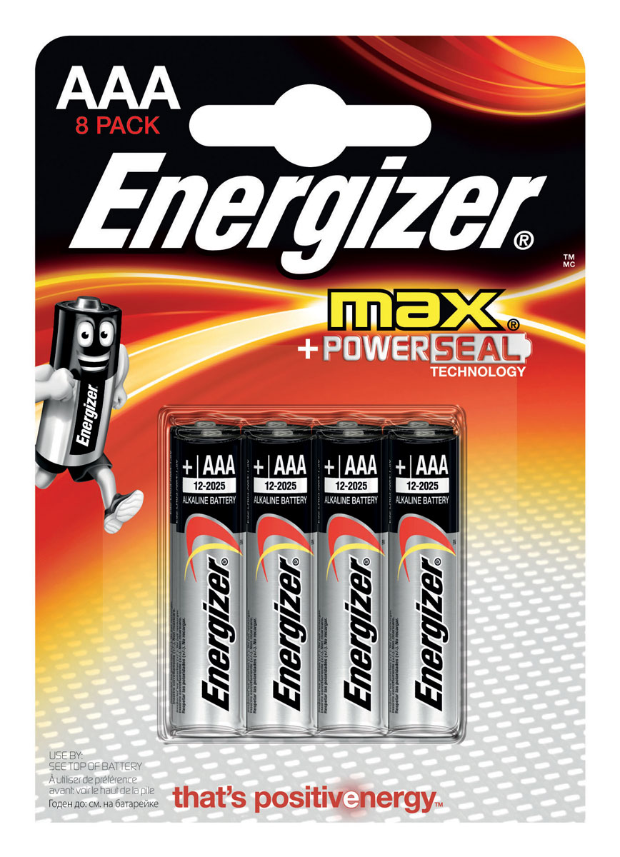 Батарейка Energizer Max, тип ААA/LR03, 1,5 V, 8 штE300112100 Батарейка Energizer Max, тип ААA/LR03, 1,5 V, 8 штE300112100Батарейка Energizer Max - безотказный источник энергии для устройств повседневного пользования. Чаще всего применяется в пультах управления, небольших фонарях, часах, радио. Это первая в мире щелочная батарейка без ртути. Работает до 45% дольше, держит заряд до 10 лет. Стандартные щелочные батарейки Energizer защищены от протеканий.
