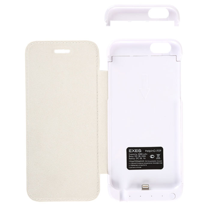 EXEQ HelpinG-iF09, White чехол-аккумулятор для iPhone 6 (3300 мАч, флип-кейс)HelpinG-iF09 WH EXEQ HelpinG-iF09, White чехол-аккумулятор для iPhone 6 (3300 мАч, флип-кейс)HelpinG-iF09 WHЯркому и стильному смартфону шестого поколения необходимы не менее яркие и элегантные аксессуары. Одним из таких представителей является чехол-аккумулятор Exeq HelpinG-iF09. Лаконичный и продуманный дизайн, практичная цветовая гамма, надежная защита и встроенный аккумулятор емкостью 3300 мАч для своевременной подзарядки батареи - вот основные преимущества Exeq HelpinG-iF09. Такой чехол не просто защитит смартфон от грязи, ударов, царапин и обеспечит подзарядку, но и изящно подчеркнет утонченный стиль самого смартфона.Элегантная конструкция Exeq HelpinG-iF09 обеспечит надежную защиту не только задней и боковым поверхностям смартфона, но и его дисплею, благодаря удобной откидной крышке. Для комфортной эксплуатации телефона в чехле также есть специальная выдвижная ножка-подставка.Зарядка чехла-аккумулятора Exeq HelpinG-iF09 происходит от зарядного устройства смартфона. Необходимо просто подсоединить зарядное устройство к чехлу и зарядка последнего начнется автоматически. Если при подключении зарядного к чехлу, нажать кнопку питания на чехле, то будет происходить зарядка смартфона.