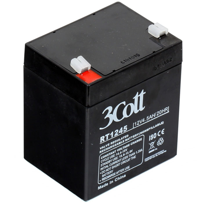 3Cott 12V4.5Ah аккумулятор для ИБП3Cott-12V4.5AH 3Cott 12V4.5Ah аккумулятор для ИБП3Cott-12V4.5AHАккумулятор 3Cott 12V4.5Ah может применяться в самых разных источниках бесперебойного питания, портативных устройствах, и других случаях, где есть необходимость качественного источника энергии, и небольших размеров. Данная модель отличается быстрым процессом зарядки, рассчитан на продолжительную работу, не обладает эффектом памяти и легко восстанавливает работоспособность после глубокого разряда.Аккумулятор полностью герметичен и жаропрочен, загущенный непроливной электролит позволяет использование данных аккумуляторных батарей практически в любом положении. Модель имеет предохранительный клапан, который выводит образованные внутри батареи, (в случае перезаряда) газы, за пределы корпуса, что предотвращает вздутие и выход АКБ из строя.Клеммы типа Т2