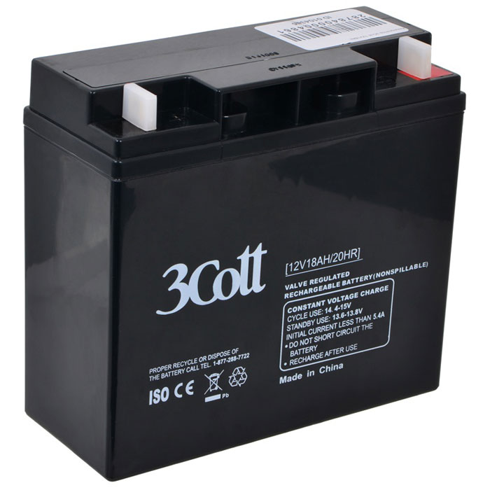 3Cott 12V18Ah аккумулятор для ИБП3Cott-12V18.0AH 3Cott 12V18Ah аккумулятор для ИБП3Cott-12V18.0AHАккумулятор для ИБП 3Cott 12V18Ah отличается высокой надежностью, поэтому используется повсеместно: в источниках и системах как бесперебойного питания, так и систем охраны и пожарной безопасности и сигнализации, системы контролирующие доступ, IT и телекоммуникации.Аккумулятор изготовлен по передовой AGM технологии. Свинцово-кислотные серии батарей, в том числе и 3Cott 12V18Ah, позволяют непрерывно их использовать, без потребности в техническом обслуживании, сроком службы до 8 лет.Данная модель полностью герметична и жаропрочна. Загущенный непроливной электролит позволяет использование данных аккумуляторных батарей практически в любом положении.Аккумуляторы имеют предохранительный клапан, который выводит образованные внутри батареи, (в случае перезаряда) газы, за пределы корпуса, что предотвращает вздутие и выход АКБ из строя.Клеммы типа Т2Рекомендуемый максимальный ток зарядки: 3,6 АЦиклический режим: 14.4-15В