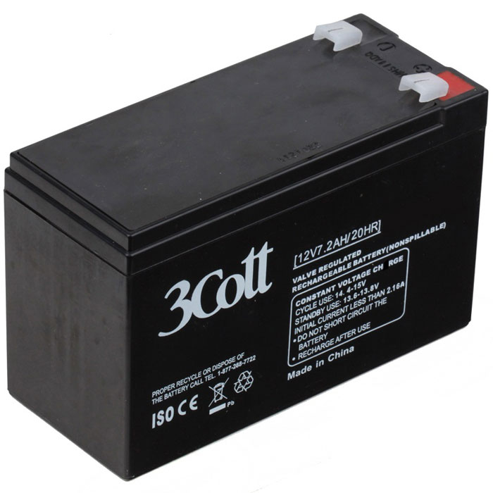 3Cott 12V7.2Ah аккумулятор для ИБП3Cott-12V7.2AH 3Cott 12V7.2Ah аккумулятор для ИБП3Cott-12V7.2AHАккумулятор для ИБП 3Cott 12V7.2Ah отличается высокой надежностью, поэтому используется повсеместно: в источниках и системах как бесперебойного питания, так и систем охраны и пожарной безопасности и сигнализации, системы контролирующие доступ, IT и телекоммуникации.Аккумулятор изготовлен по передовой AGM технологии. Свинцово-кислотные серии батарей, в том числе и 3Cott 12V7.2Ah, позволяют непрерывно их использовать, без потребности в техническом обслуживании, сроком службы до 8 лет.Данная модель полностью герметична и жаропрочна. Загущенный непроливной электролит позволяет использование данных аккумуляторных батарей практически в любом положении.Аккумуляторы имеют предохранительный клапан, который выводит образованные внутри батареи, (в случае перезаряда) газы, за пределы корпуса, что предотвращает вздутие и выход АКБ из строя.Клеммы типа Т2Рекомендуемый максимальный ток зарядки: 3,6 АЦиклический режим: 14.4-15В