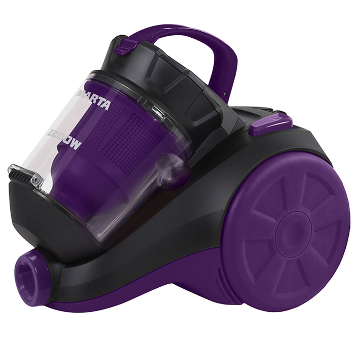 Marta MT-1350, Black Purple пылесосMT-1350_Black/Purple Marta MT-1350, Black Purple пылесосMT-1350_Black/PurpleМощный компактный пылесос Marta MT-1350 без мешка для сбора пыли и высокоэффективной системой фильтрации Мультициклон. Благодаря 6-ступенчатой системе фильтрации воздух, поступающий из пылесоса, не содержит мельчайшей пыли. Высокоэффективная система фильтрации Мультициклон обеспечивает исключительную очистку воздуха и поддерживает постоянную высокую мощность всасывания, а регулятор потока воздуха на ручке позволяет вручную корректировать ее при необходимости. Удобный пластиковый контейнер вместо мешка для сбора пыли экономит время и средства при эксплуатации пылесоса, делая его очень простым в обслуживании. Большая ручка для переноски и система автосматывания шнура обеспечивают легкость и удобство в работе. Металлическая телескопическая труба и комплект дополнительных насадок для деликатной чистки, мягкой мебели, пола, ковров и труднодоступных мест позволят без особого труда полностью очистить любое помещение от пыли и мелкого мусора. Система Мультициклон:Высокоэффективная система очистки воздуха с поддержкой постоянной мощности всасывания.Неочищенный воздух разделяется на вихревые потоки, где в каждом по-отдельности улавливаются микрочастицы пыли и мусора. Для системы Мультициклон используется специально разработанный контейнер для пыли с несколькими циклонами, позволяющими добиться исключительной очистки воздуха. Необходимость замены или сервисного обслуживания расходных материалов сведена к минимуму.Без мешка для сбора пыли:Удобный пластиковый контейнер вместо мешка для сбора пыли экономит время и средства при эксплуатации пылесоса, делая его очень простым в обслуживании.Регулятор потока воздуха на ручке:Используется для кратковременного снижения мощности всасывания при угрозе повреждения очищаемой поверхности или случайного попадания в пылесос мелких предметов.