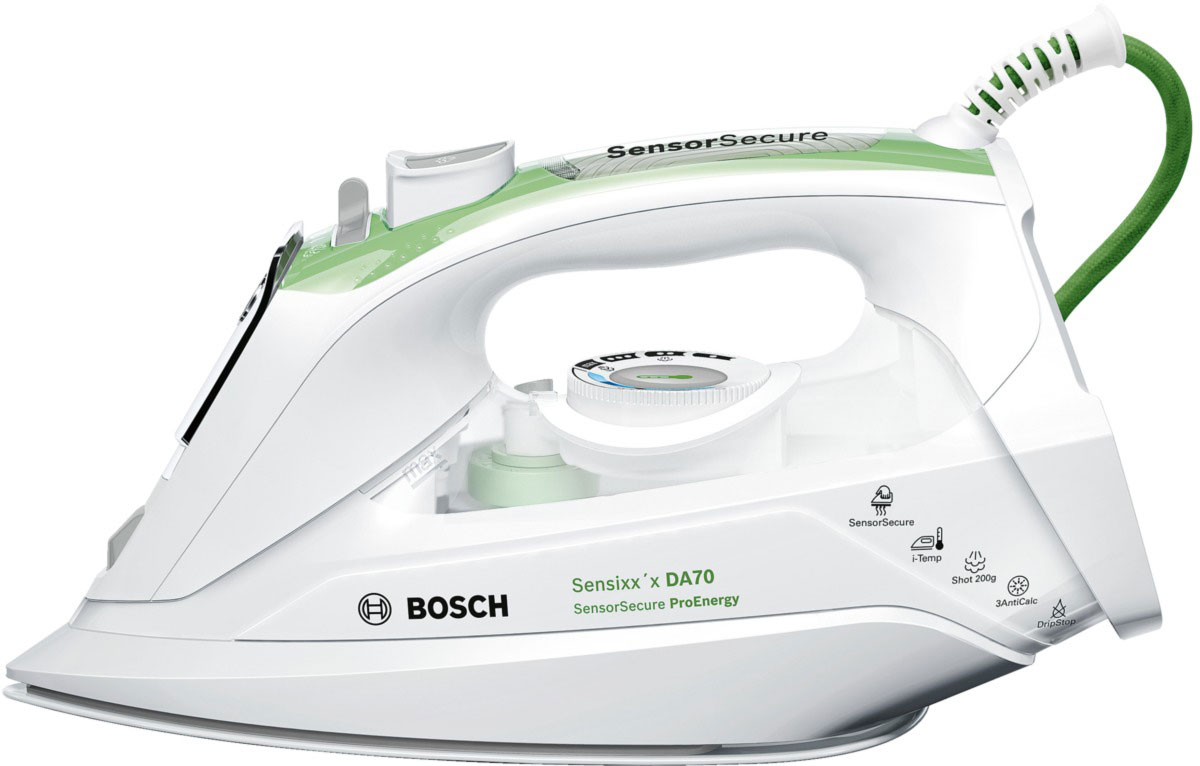 Bosch TDA 702421E, White Green утюгTDA702421E Bosch TDA 702421E, White Green утюгTDA702421EУтюг Bosch TDA 702421E оснащен сенсорной системой безопасности: при касании ручки утюг включается, при отсутствии контакта с утюгом, он отключен. Анодированная алюминиевая подошва с эмалевыми линиями CeraniumGlissee способствует быстрому нагреву и отличному скольжению. Мощность Bosch TDA 702421E достигает 2400 Вт, что позволяет качественно гладить даже тяжелые и сложные ткани, а заостренный носик поможет разгладить складки между пуговицами и швами. Предусматривается вместительный резервуар для воды на 380 мл, позволяющий долгое время использовать режим отпаривания. Простой уход за пересушенными вещами гарантируется благодаря функции разбрызгивания, а также паровому удару.