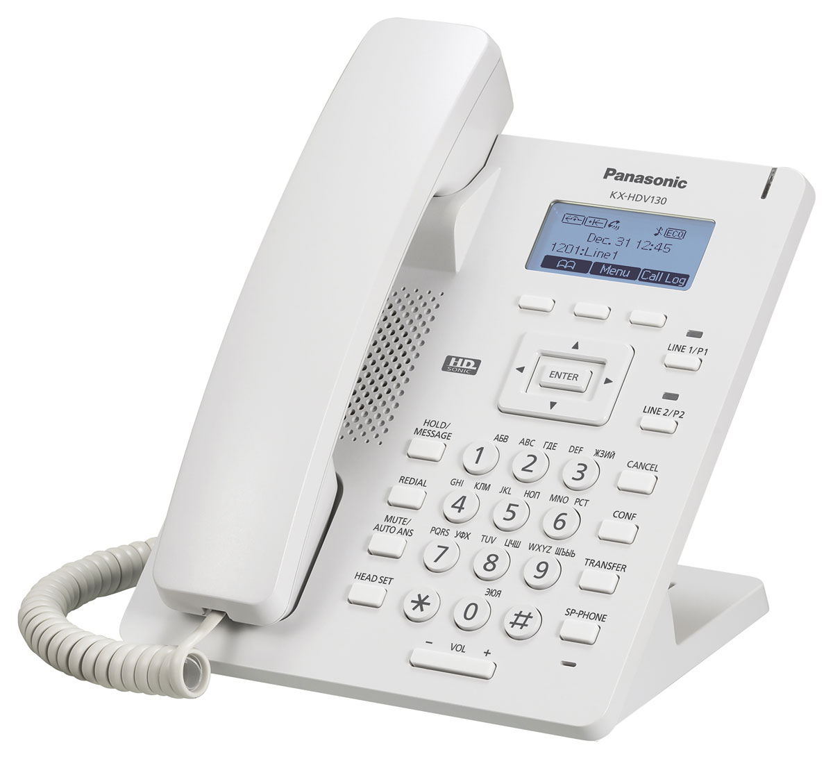 Panasonic KX-HDV130RUW SIP-телефонKX-HDV130RUW Panasonic KX-HDV130RUW SIP-телефонKX-HDV130RUWПроводной SIP-телефон Panasonic KX-HDV130 объединяет в себе все преимущества звонков с использованием HD VoIP, оптимальный набор функций и конкурентоспособную цену. Телефоны подключаются непосредственно к сети Интернет и обеспечивают удобную и экономичную связь по SIP-протоколу.Проводной SIP-телефон Panasonic KX-HDV130 - идеальное и экономически выгодное решение для компаний, использующих Hosted и Open Source АТС. 2,3 дюйма ЖК-дисплей с подсветкой (разрешение 132 x 64 пикселей) Звук HD-качества (G.722)Поддержка кириллицыПоддержка Broadsoft (для нужд операторов IP-телефонии)2 SIP линии2 Ethernet порта (10/100 Base-TX), PoEПоддержка трёхсторонней конференц-связиНизкое энергопотребление в режиме ожиданияИнтерфейс приложений XML2 программируемые кнопки линийВнешний блок питания в комплект поставки не входит
