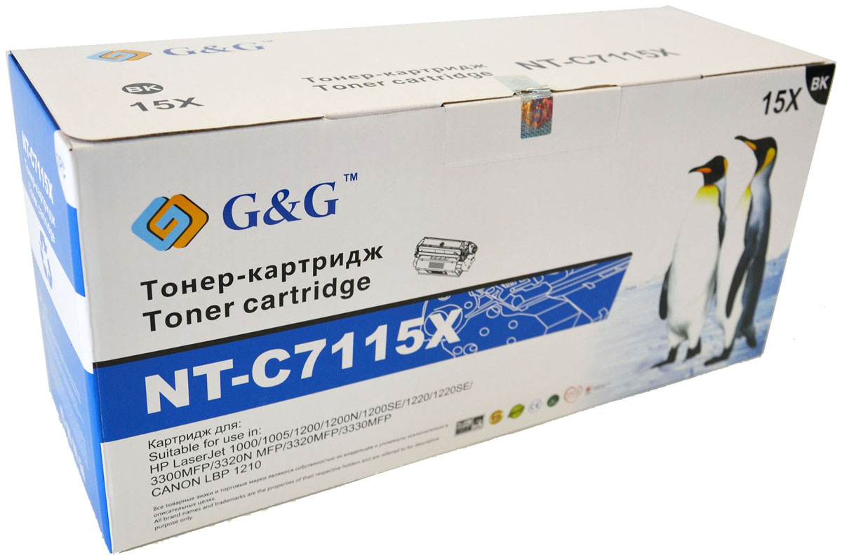 G&G NT-C7115X тонер-картридж для HP LaserJet 1000/1005/1200/3300/3320/3330/Canon LBP-1210NT-C7115X G&G NT-C7115X тонер-картридж для HP LaserJet 1000/1005/1200/3300/3320/3330/Canon LBP-1210NT-C7115XКартридж G&G NT-C7115X для лазерных принтеров HP LaserJet 1000/1005/1200/3300/3320/3330, Canon LBP-1210.Расходные материалы G&G для лазерной печати максимизируют характеристики принтера. Обеспечивают повышенную чёткость чёрного текста и плавность переходов оттенков серого цвета и полутонов, позволяют отображать мельчайшие детали изображения. Обеспечивают надежное качество печати.