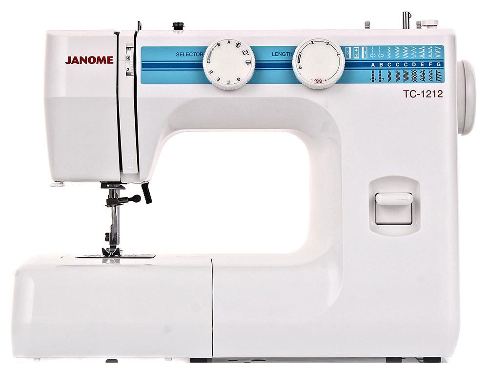 Janome TC-1212 швейная машинаTC1212 Janome TC-1212 швейная машинаTC1212Janome TC 1212 - швейная машина для шитья и ремонта одежды. Она оборудована надежным вертикальным качающимся челноком, применяемым в бытовых швейных машинах уже многие десятилетия. Модель позволяет выметывать прямые бельевые петли за 4 шага без поворота ткани - после выполнения каждой стороны петли нужно переключить программу на следующую сторону. Контроль длины производится по разметке на петельной лапке.Швейная машина оборудована регулятором давления лапки на ткань, что позволяет отрегулировать усилие прижима для получения качественной строчки, с заданной длиной стежка и отсутствием смещения слоев материала относительно друг друга. Кроме того в машинке предусмотрена возможность шитья двойной иглой.Среди строчек, которые доступны в данной модели, имеется зигзаг с разной плотностью стежков, эластичная, оверлочная, потайная подгибка, стрейчевая для трикотажа, а также несколько декоративных строчек (фестон, соты). Кроме того, машинка выполняет усиленную (тройную) прямую строчку, по виду напоминающую цепочку. Ее часто используют в шаговых швах, проймах, в рюкзаках, то есть там, где нужны сверхпрочные швы.Данная модель укомплектована тремя лапками: для втачивания молнии, выметывания петли и потайной подгибки. Установить желаемую строчку можно с помощью поворота колеса, расположенного на корпусе машинки.Благодаря опции отключения нижнего транспортера ткани можно штопать или вышивать в свободной технике. Кнопка реверса обеспечивает легкое управление с громоздкими вещами и позволяет делать закрепки коротким двойным нажатием.Конструкция швейной машинки позволяет снять часть столика, образуя удобную рукавную платформу, на которой комфортно обрабатывать манжеты, штанины и другие трубчатые детали одежды. В пенале под крышкой столика предусмотрен удобный отсек для хранений дополнительных принадлежностей.Благодаря встроенной подсветке рабочей области можно комфортно работать даже в условиях слабой освещенности.