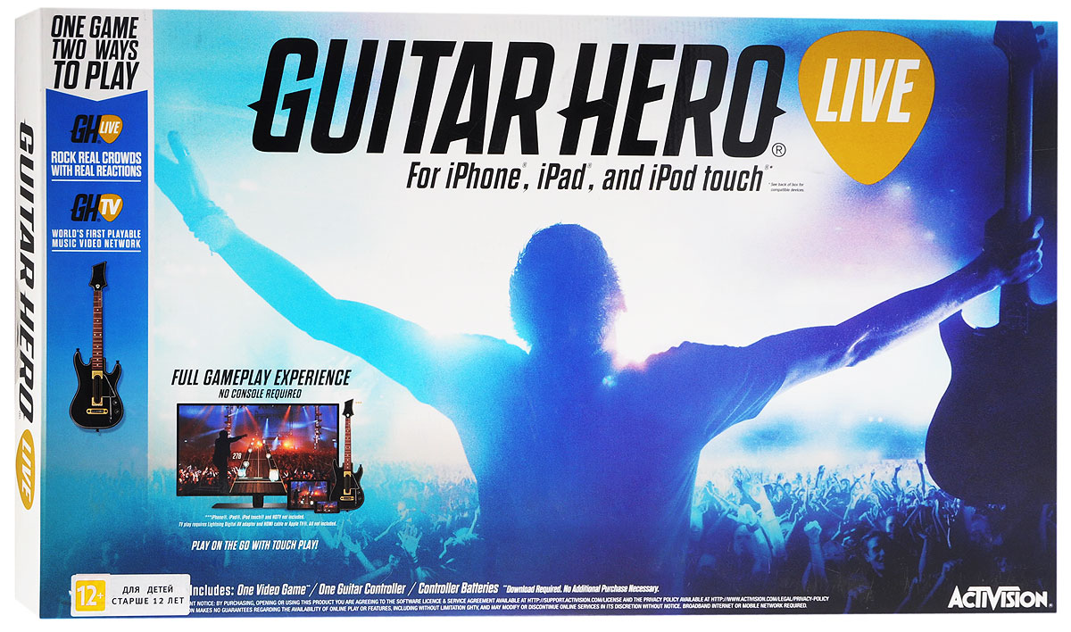 Guitar Hero Live для iPad, iPhone или iPod touch6CL-00002 Guitar Hero Live для iPad, iPhone или iPod touch6CL-00002Guitar Hero Live - контроллер-гитара, оптимизированная для мобильных устройств на базе операционной системы iOS (iPad, iPhone и iPod touch). Игра Guitar Hero Live представляет собой продолжение серии игр Guitar Hero, симулятора игры на электрогитаре. Принцип игры состоит в следующем - на экране располагается дорожка-гриф, по которой бегут ноты. Когда нота достигает края, её нужно сыграть - зажать на грифе контроллера-гитары соответствующую кнопку и нажать на струнную клавишу.Это превосходная музыкальная игра, где вам предстоит взять в руки гитару и играть перед толпой фанатов. Музыкальный симулятор перенесет вас на сцену, где перед вами откроются толпы фанатов и музыканты из группы. Эта игра проверит вашу хорошую реакцию и музыкальный слух, если вы будете играть хорошо, то зрители будут визжать от восторга, а если не будете попадать в такт или пропускать ноты, то услышите недовольный звук толпы и недовольство музыкантов. Набирайтесь опыта и устраивайте соревнования с участниками группы, доказывая всем, что вы лучший игрок. Открывайте новые треки и получайте максимум удовольствия от реалистичной игры на гитаре.Возраст: 12+Язык интерфейса игры: английскийТребуется постоянное соединение с ИнтернетомДля игры Guitar Hero Live для iPad, iPhone или iPod touch требуется установка приложения Guitar Hero Live. После Bluetooth-соединения устройства и гитары происходит разблокировка полной версии приложения (код не требуется).Совместимость с устройствами: iPad 4/Air/Air 2/mini/mini 2/mini 3; iPhone 5/5c/5s/6/6 Plus; iPod touch 6th generation