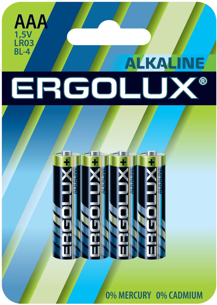 Батарейка алкалиновая Ergolux, тип ААА (LR03), 4 шт, 1,5 V11744 Батарейка алкалиновая Ergolux, тип ААА (LR03), 4 шт, 1,5 V11744Алкалиновые батарейки Ergolux являются щелочными элементами питания. Они не содержат кадмия и ртути. Батарейки предназначены для использования в приборах с высоким потреблением электроэнергии: фотоаппаратах, плеерах, фонарях, игрушках и других устройствах. Внимание!При установке проверить полярность. Не разбирать, не перезаряжать, не подносить к открытому огню. Не давать детям! Не устанавливать одновременно новые и использованные батарейки, а также батарейки различных систем и типов.