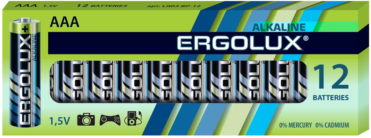 Батарейка алкалиновая Ergolux, тип LR03, 1,5 В, 12 шт11745 Батарейка алкалиновая Ergolux, тип LR03, 1,5 В, 12 шт11745Щелочные (алкалиновые) батарейки Ergolux оптимально подходят для повседневного питания множества современных бытовых приборов: электронных игрушек, фонарей, беспроводной компьютерной периферии и многого другого. Не содержат кадмия и ртути. Батарейки созданы для устройств со средним и высоким потреблением энергии. Работают в 10 раз дольше, чем обычные солевые элементы питания. Алкалиновые батарейки Ergolux - высокое качество и максимальная производительность.В комплекте 12 штук.
