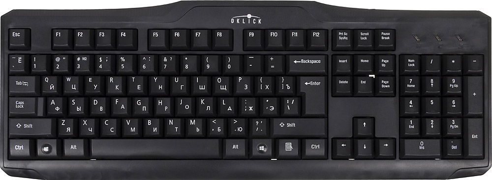 Oklick 170M (USB), Black клавиатураKW-1318 Oklick 170M (USB), Black клавиатураKW-1318Полноразмерная компьютерная клавиатура Oklick 170M в классическом дизайне. Полноразмерные клавиши с большим ходом и мягким, практически бесшумным нажатием, несомненно, оценят поклонники традиционного дизайна и конструкции клавиатур для ПК. Имеет ресурс в 5 млн. нажатий, подключается к компьютеру за считанные секунды без дополнительной установки драйверов.