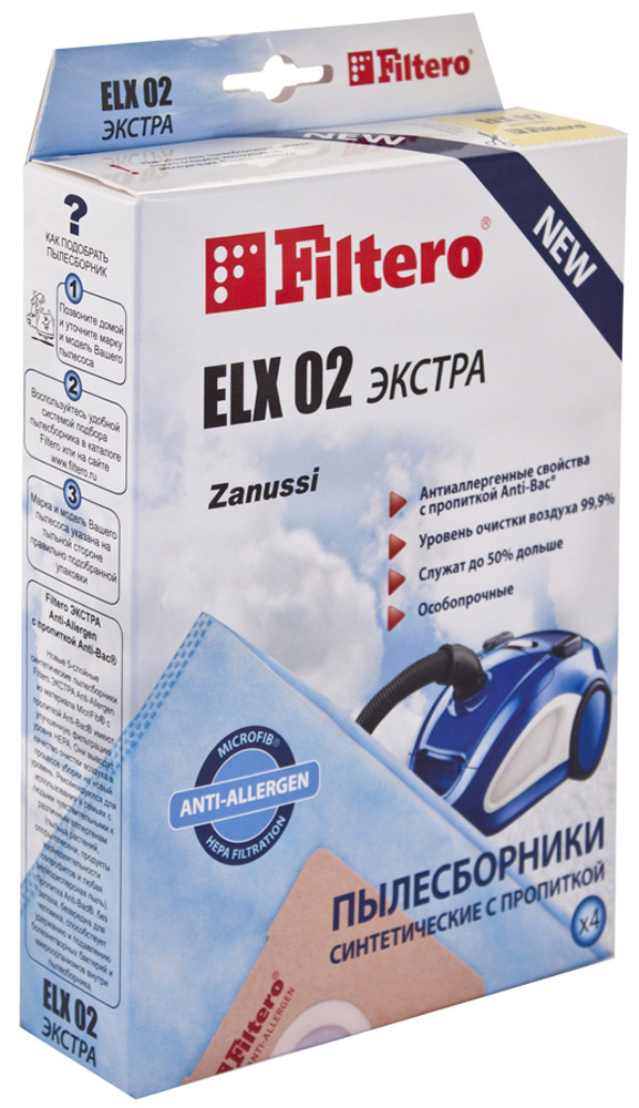 Filtero ELX 02 Экстра мешок-пылесборник 4 штELX 02 Экстра Filtero ELX 02 Экстра мешок-пылесборник 4 штELX 02 ЭкстраМешки - пылесборники Filtero ELX 02 Экстра произведены из пятислойного синтетического микроволокна MicroFib. Очень прочные, не боятся острых предметов и влаги, собирают до 50% больше пыли, чем бумажные. Обеспечивают уровень очистки воздуха НЕРА. Сохраняют мощность всасывания в течение всего периода службы пылесборника.Антибактериальная пропитка Anti-Bac защищает от аллергенов и угнетает размножение бактерий в мешке. Рекомендуются для семей с детьми, людей, страдающих аллергией и заболеваниями дыхательных путей.