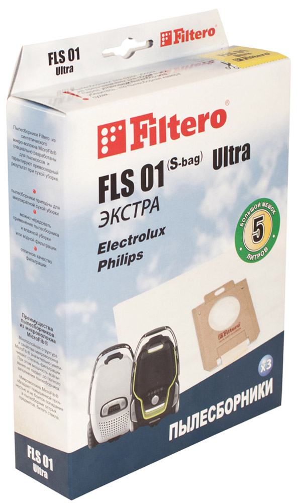 Filtero FLS 01 S-bag Ultra Экстра мешок-пылесборник 3 штFLS 01 (S-bag) Ultra Экстра Filtero FLS 01 S-bag Ultra Экстра мешок-пылесборник 3 штFLS 01 (S-bag) Ultra ЭкстраМешки-пылесборники Filtero FLS 01 S-bag Ultra Экстра произведены из пятислойного синтетического микроволокна MicroFib. Они очень прочные, не боятся острых предметов и влаги, собирают до 50% больше пыли, чем бумажные. Помимо прочего, эти мешки обеспечивают уровень очистки воздуха 99,9%, что значительно выше, чем у бумажных пылесборников. При этом мощность всасывания пылесоса сохраняется в течение всего периода службы пылесборника.
