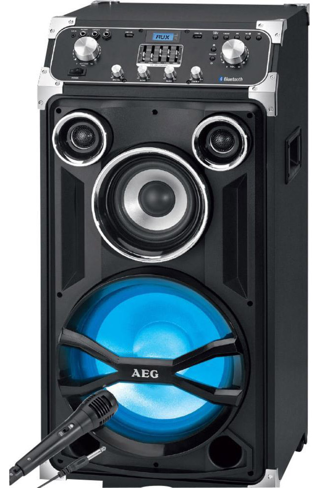 AEG EC 4834 аудиосистема BluetoothEC 4834 AEG EC 4834 аудиосистема BluetoothEC 4834Переносной развлекательный центр, оснащен LCD-дисплеем с синей подсветкой, переключателем ВКЛ/ВЫКЛ, также имеет функцию караоке (в комплекте микрофон).Максимальная мощность (RMS) — 250 Вт Центр оснащен 2 USB-портами, входом AUX-IN*, системой раздельной р