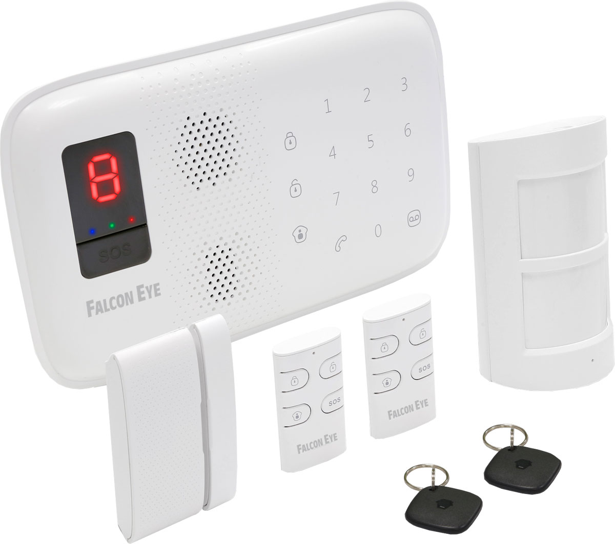 Falcon Eye FE MagicTouch комплект беспроводной GSM-сигнализацииFE MagicTouch Комплект Falcon Eye FE MagicTouch комплект беспроводной GSM-сигнализацииFE MagicTouch КомплектКомплект беспроводной GSM сигнализации Falcon Eye Magic Touch отлично подойдет для квартиры, офиса и дачи. В стартовый комплект входит: контрольная панель со встроенной сиреной, считывателем RFID меток, ИК датчик движения, дверной магнитоконтакт, два брелока для дистанционного управления системой, две RFID метки. Все устройства уже запрограммированы в контрольной панели. Комплект можно расширить, приобретя дополнительно ИК датчики, магнитоконтакты, брелоки, и дополнительную сирену.До 50 беспроводных датчиковДо 10 пультов дистанционного управленияДо 50 RFID карт пользователейGSM коммуникатор нового поколения с повышенным классом передачи данныхПостановка или снятие системы с охраны путем отправки SMS, телефонным звонком или с помощью брелокаПередача тревожных сообщений на 5 телефонных номеров1 номер быстрого набораSMS предупреждение о потере питания, восстановления питания и низком заряде батареиФункция управления дверным замкомДистанционный аудиоконтроль системы через телефонВстроенная сиренаВремя автономной работы: до 8 часов