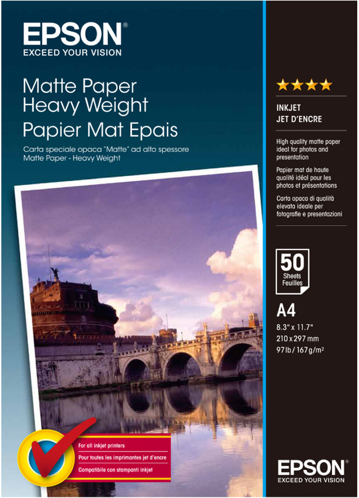 Epson Matte Heavyweight Paper (C13S041256) фотобумага, 50 листовC13S041256 Epson Matte Heavyweight Paper (C13S041256) фотобумага, 50 листовC13S041256Плотная матовая бумага Epson Matte Heavyweight Paper для печати фотоизображений, календарей, сертификатов, постеров, плакатов, оформительских работ. Сделанные на данной бумаге отпечатки обладают повышенной светостойкостью.Толщина (мм): 0.23 Прозрачность: 94% Яркость: 97%