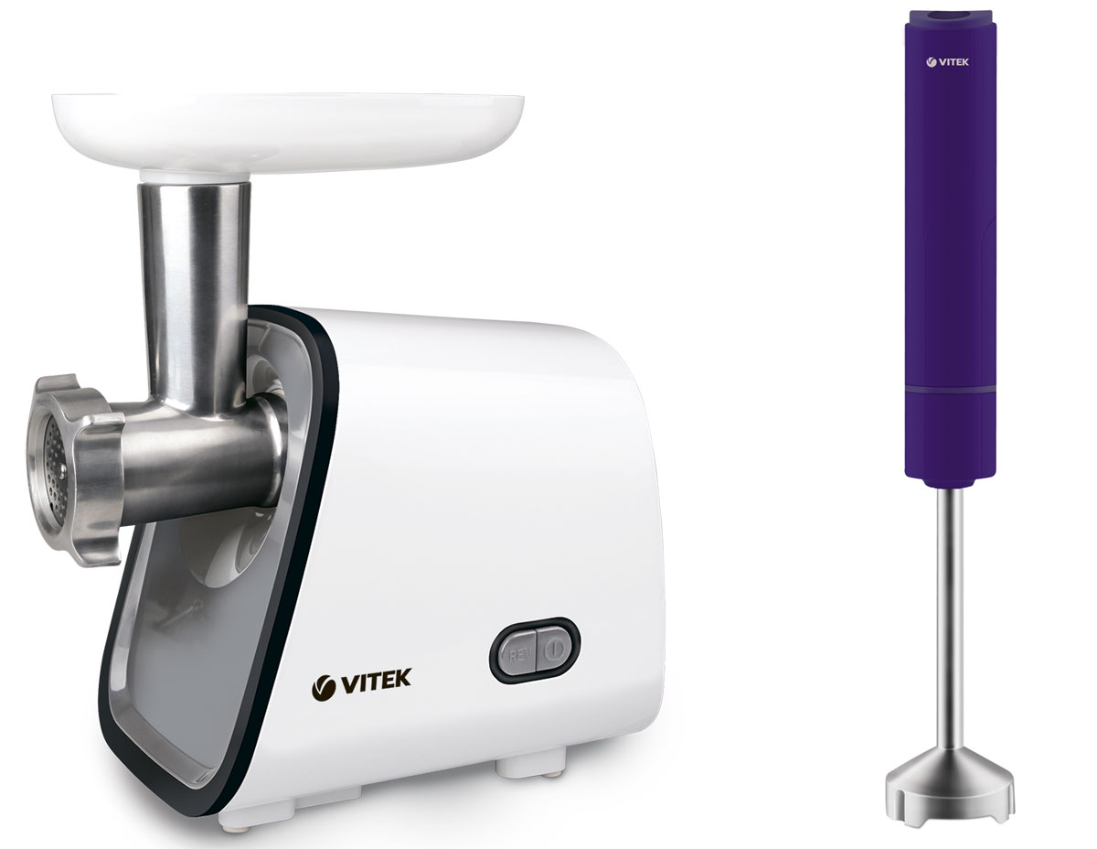 Vitek VT-3603(W) мясорубка + VT-1472(VT) блендерVT-3603(W)+VT-1472(VT) Vitek VT-3603(W) мясорубка + VT-1472(VT) блендерVT-3603(W)+VT-1472(VT)Благодаря DC мотору, усовершенствованному редуктору и тихому вентилятору охлаждения мясорубка Vitek VT-3603(W) бесшумно и быстро превратит мясо и рыбу в нежнейший фарш. Небольшие габариты позволяют ей идеально вписаться в кухню любых размеров. Незаменимым помощником мясорубку делают также ее высокая мощность, функция Реверс, а также удобные насадки для приготовления колбасок и кеббе.Данная модель оснащена уникальной технологией Magnifit - заточка и шлифовка ножа и диска обеспечивают максимальное прилегание друг к другу, словно магнит – вы сможете получить фарш, измельчённый со 100% эффективностью. Прибор также обладает специальной системой защиты: при перегреве или перегрузках двигателя сработает система защиты, и мясорубка отключится. Модель довольно компактная (ширина 16 см., высота 26 см.), и ей всегда найдется место даже на самой маленькой кухне. Для удобства ухода и экономии пространства в мясорубке предусмотрен отсек для хранения шнура.