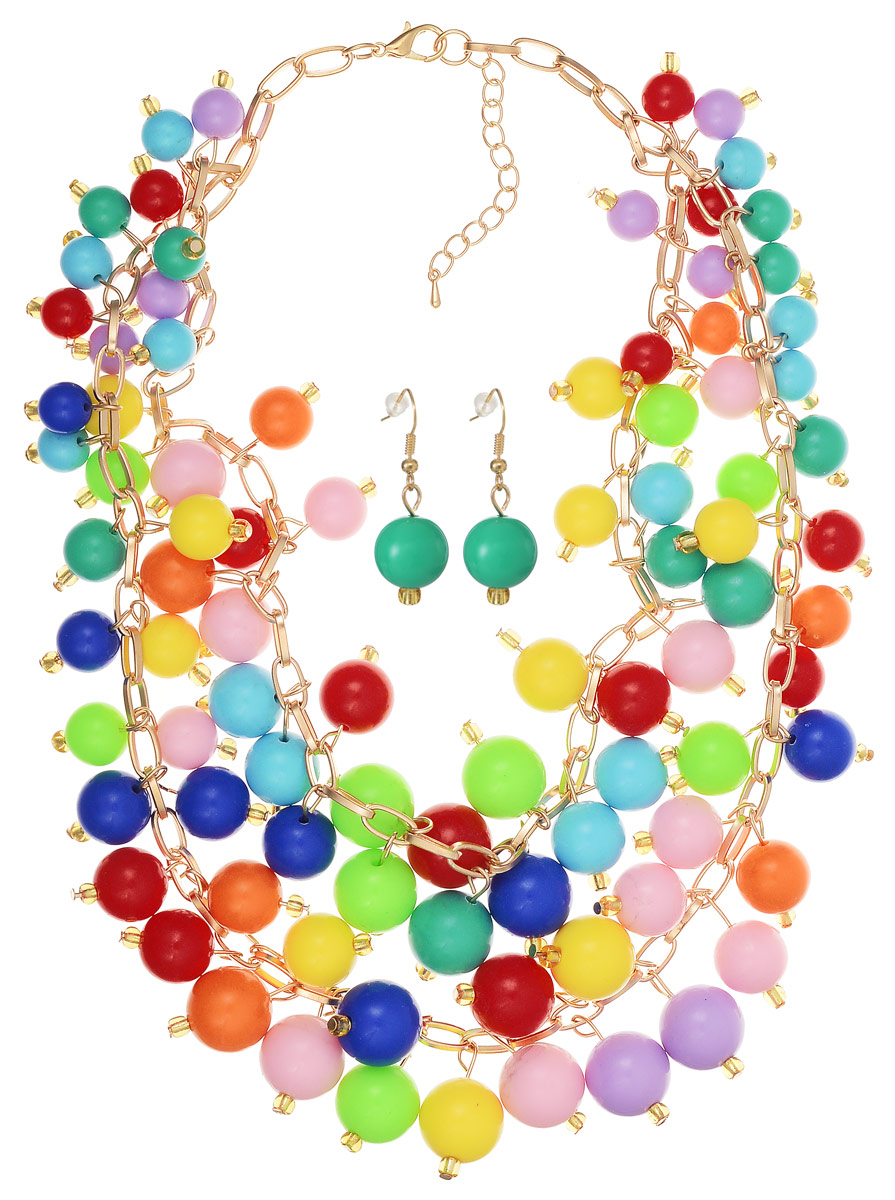 Комплект украшений Fashion House: бусы, серьги, цвет: мультиколор. FH33045Колье (короткие одноярусные бусы) Комплект украшений Fashion House: бусы, серьги, цвет: мультиколор. FH33045Колье (короткие одноярусные бусы)Очаровательный комплект украшений Fashion House включает в себя стильные бусы и серьги.Оригинальные серьги, выполненныевысококачественного пластика и металла в виде подвески-шарика, застегиваются на замок-петлю. Элегантные бусы выполнены из высококачественной металлической цепочки, усыпанной бусинами разного размера и цвета. Изделие застегивается на замок-карабин.Изящный комплект придаст вашему образу изюминку, подчеркнет красоту вечернего платья или преобразит повседневный наряд.