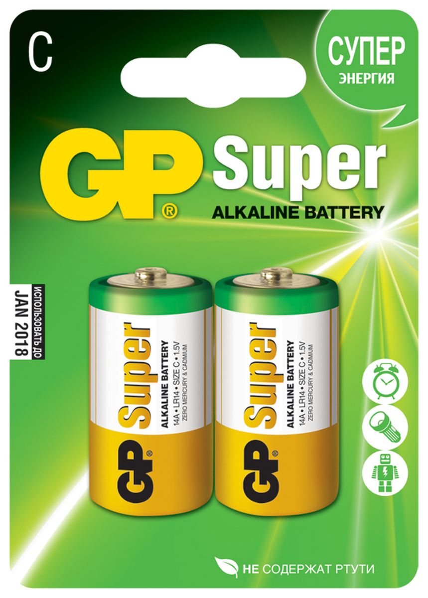 Набор алкалиновых батареек GP Batteries Super Alkaline, тип С, 2 шт2674 Набор алкалиновых батареек GP Batteries Super Alkaline, тип С, 2 шт2674Батарейки GP Super Alkaline прекрасно подходят для увеличивающейся потребности в источниках питания для устройств повседневного использования. Идеальное соотношение цена/качество. Надежный продукт широкого спектра применения, подходящий для потребителей всех возрастов. * Увеличенная продолжительность работы* Огромный ассортимент типоразмеров* Длительный срок хранения (до 7 лет)