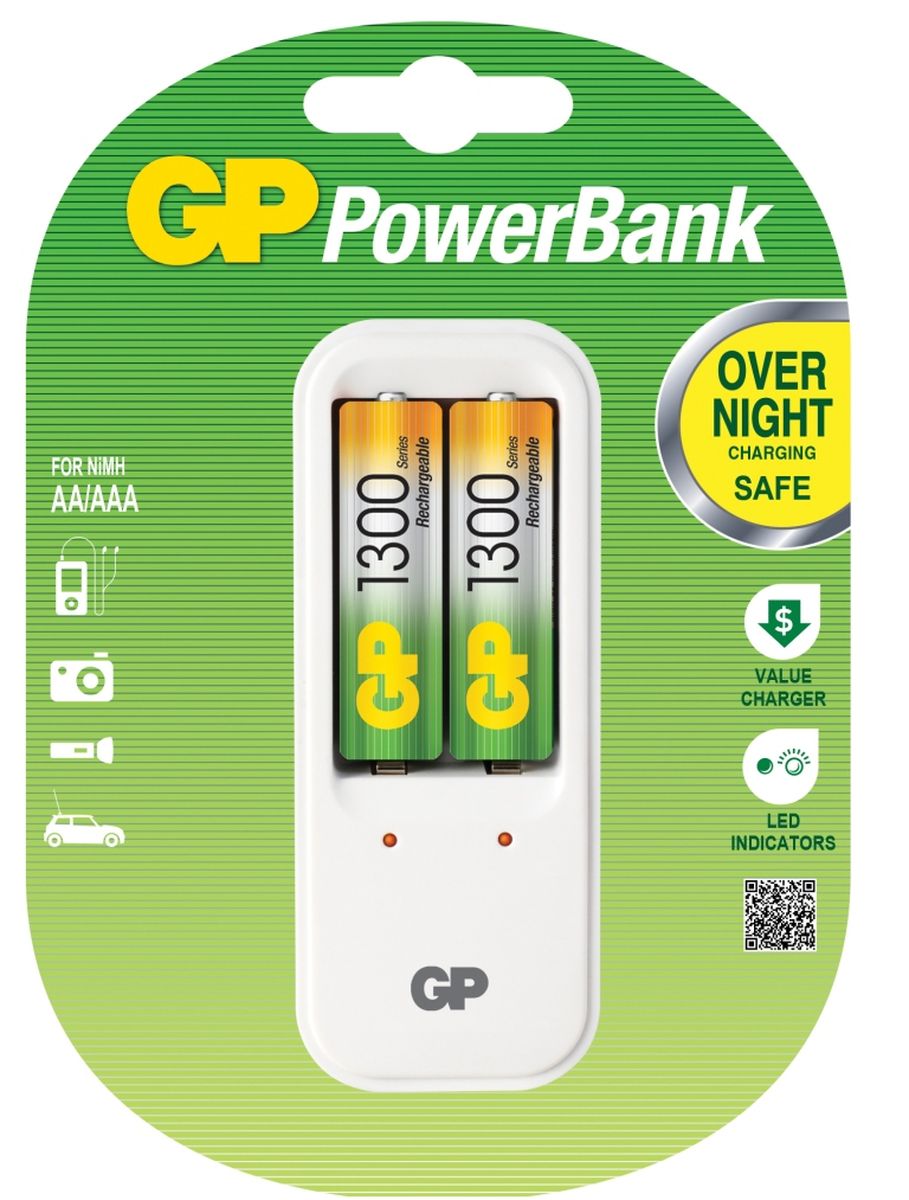 Зарядное устройство GP Batteries для заряда 2-х аккумуляторов типа АА, ААА + комплект из 2-х аккумуляторов NiMh, 1300 mAh, тип АА3546 Зарядное устройство GP Batteries для заряда 2-х аккумуляторов типа АА, ААА + комплект из 2-х аккумуляторов NiMh, 1300 mAh, тип АА3546Экономия средств, безопасный заряд и удобство обращения. Серия STANDARD зарядных устройств GP PowerBank предлагает экономное решение для заряда аккумуляторов всех типоразмеров. Если вам нужно зарядить аккумуляторы типоразмеров ААА, АА, все зарядные устройства PowerBanks просты и удобны в использовании; просто поместите Ваши аккумуляторы в устройство и оставьте их заряжаться на всю ночь. Автоматический таймер гарантирует безопасный процесс заряда, после которого Вы можете вытащить заряженные аккумуляторы, когда они Вам понадобятся. * Устройство, разработанное для того, чтобы оно всегда находилось в розетке - для мгновенной энергии* Компактное устройство* Два канала для заряда позволяют заряжать 1-2 никель-металлгидридных аккумулятора типоразмеров АА или ААА