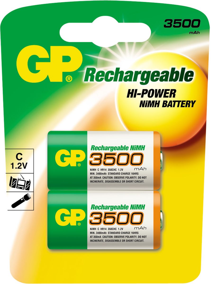 Аккумулятор GP Batteries, тип С, 3500 mAh, 2 шт8236 Аккумулятор GP Batteries, тип С, 3500 mAh, 2 шт8236Перезаряжаемый аккумулятор GP Batteries используются повсюду и применимы в широком спектре устройств. Он сохраняет энергию длительное время и может быть перезаряжен до 500 раз. Батарейка обладает энергоемкостью выше, чем у алкалиновых элементов питания. Защищена от коротких замыканий. Изделие производится по новой, более совершенной технологии LSD, которая гарантирует аккумулятору низкий саморазряд - позволяет сохранять минимум 30% заряда в течение 2 лет хранения.Уважаемые клиенты! Обращаем ваше внимание на возможные изменения в дизайне упаковки. Качественные характеристики товара остаются неизменными. Поставка осуществляется в зависимости от наличия на складе.