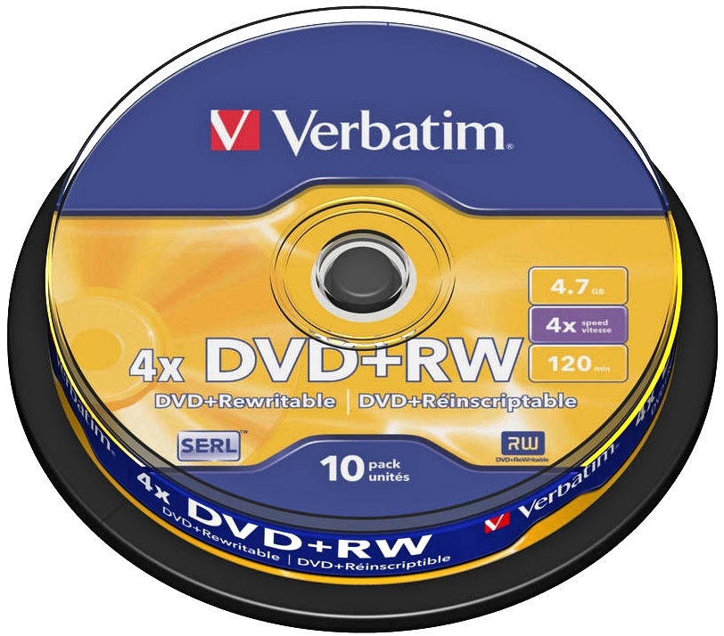Диск DVD+RW Verbatim 4.7Gb 4x Cake Box (10 шт)43488 Диск DVD+RW Verbatim 4.7Gb 4x Cake Box (10 шт)43488Универсальные оптические компакт-диски DVD-RW Verbatim 4.7Gb 4x предназначены для записи аудио и видео данных различных форматов. Информацию можно перезаписывать, используя скорость записи до 4х.