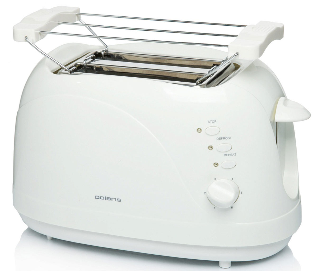 Polaris PET 0702L, White тостерPET 0702L_белый Polaris PET 0702L, White тостерPET 0702L_белыйТостер PET 0702L от Polaris порадует вас возможностью выбрать одну из нескольких степеней поджаривания ваших тостов - двух одновременно! Его корпус сконструирован таким образом, чтобы не нагреваться при работе - безопасность на кухне прежде всего. Он умеет не только поджаривать ломтики хлеба, но и подогревать булочки на специальной решетке, и даже размораживать продукты.Чтобы ваше утро стало немного веселей, он поджарит ломтик хлеба, нарисовав на нём озорную улыбку. А кнопка отмена поможет вовремя исправить сделанную спросонья ошибку. Ещё одна приятная и удобная деталь - поддон для сбора крошек.