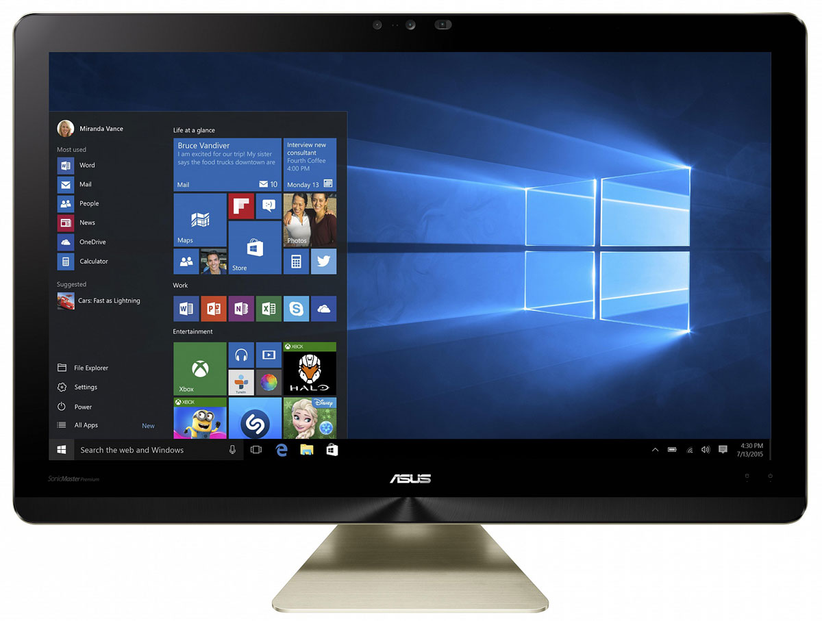 ASUS Zen AiO Pro Z240ICGK, Black Gold моноблок (Z240ICGK-GK086X)Z240ICGK-GK086X ASUS Zen AiO Pro Z240ICGK, Black Gold моноблок (Z240ICGK-GK086X)Z240ICGK-GK086XМоноблочный компьютер Zen AiO Pro - еще одно доказательство того, что современные технологии могут быть красивыми. Его алюминиевый корпус золотистого цвета с оригинальной текстурой поверхности идеально впишется в любой домашний интерьер.Zen AiO Pro не только великолепно выглядит, но и выдает великолепно выглядящее изображение, ведь его IPS-дисплей обладает разрешением 3840 x 2160, широкими углами обзора (178°) и точной цветопередачей. Компьютер обладает увеличенным цветовым охватом по сравнению с обычными мониторами и способен отображать 100% оттенков цветового пространства sRGB. Это означает более яркие, насыщенные цвета, равно как и более точное, реалистичное отображение каждого цветового оттенка.Это не только красивый, но и высокопроизводительный компьютер. В его изящном корпусе скрываются мощные компоненты, в том числе новейший процессор Intel Core i7, память современного типа DDR4, качественный жесткий диск и дискретная видеокарта геймерского класса GeForce GTX 960M. Все вместе они обеспечивают великолепную скорость работы любых приложений.Встроенная аудиосистема включает в себя 6 динамиков общей мощностью 16 ватт. Комплекс аппаратных и программных технологий под общим названием SonicMaster Premium наделяет этот моноблочный компьютер великолепным голосом при воспроизведении музыки, в играх и любых других мультимедийных приложениях.В данной модели установлена 3D-камера Intel RealSense, позволяющая управлять компьютером с помощью жестов. Она умеет распознавать лица и отслеживать движения пальцев, давая возможность работать в различных приложениях, не прикасаясь к мышке или клавиатуре.Каждый покупатель Zen AiO Pro получает бесплатный доступ к онлайн-хранилищу ASUS WebStorage объемом 100 ГБ сроком на 1 год. WebStorage - это современный облачный сервис для хранения файлов и доступа к ним с любого устройства, подключенного к интернету. Поддерживаются автоматическая синхронизация и различные варианты обмена файлами с другими пользователями.Точные характеристики зависят от модели.Компьютер сертифицирован EAC и имеет русифицированную клавиатуру и Руководство пользователя.