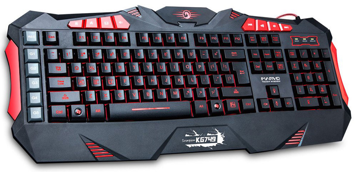 Marvo KG749, Black Red игровая клавиатураKG749 Marvo KG749, Black Red игровая клавиатураKG749Игровая клавиатура Marvo KG749 с семью вариантами подсветки выдержит нагрузку даже от самых интенсивных игровых состязаний и прослужит вам многие годы. Благодаря легкой конструкции Marvo KG749 можно брать с собой на игры по сети и турниры. Нужные сочетания клавиш легко найти даже в темноте!Встроенные элементы управления аудио, макросами и мультимедиа позволяют начать воспроизведение, приостановить его, прекратить либо переключаться между звуковыми дорожками прямо с клавиатуры. Также можно настраивать громкость или отключать звук, не покидая игры, либо запрограммировать необходимые команды.