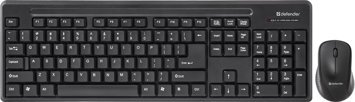 Defender Princeton C-935 RU, Black комплект мышь + клавиатура45935 Defender Princeton C-935 RU, Black комплект мышь + клавиатура45935Компактный беспроводной набор Defender Princeton C-935 RU состоит из клавиатуры и эргономичной мышки. В комплекте вы найдете общий USB-наноприемник с рабочей частотой 2.4 ГГц.Комфортные клавиши клавиатуры с классической раскладкой обеспечивают четкую тактильную отдачу и нажимаются мягко и бесшумно. Индикатор окончания заряда батареи подскажет когда следует заменить батарейки. Компактная мышь с оптическим сенсором, разрешение которого составляет составляет 1200 dpi оснащена также отсеком для хранения приемника и кнопкой выключения питания. Эргономичная форма позволит использовать устройство как левшам, так и правшам, долгое время не ощущая усталости.