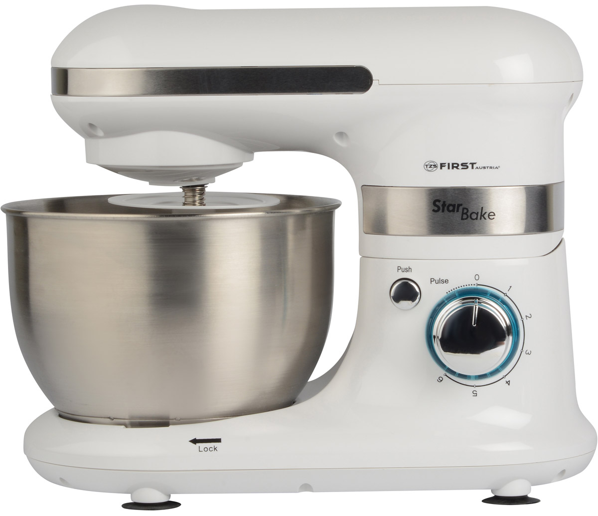 First FA 5259-1, White миксер-тестомесFA-5259-1 White First FA 5259-1, White миксер-тестомесFA-5259-1 WhiteПланетарный миксер First FA 5259-1 отлично справляется не только с замесом различных сортов теста (белковое, бисквитное, слоеное, заварное, дрожжевое, песочное), но и с приготовлением различных кондитерских масс (сливки, кремы, муссы, суфле, безе).Технология планетарного вращения – это такой способ вращения, когда привод совершает круговые движения в одну сторону, а венчик (мешалка) в это время вращается вокруг своей оси в другую, позволяет производить смешивание по всему объему чаши. При этом на перемешивание или взбивание затрачивается гораздо меньше времени независимо от того, что вы готовите: белковую массу, крем, соусы или тесто любой плотности,а результат всегда будет превосходным.В импульсном режиме продукты перемешиваются через короткие интервалы. Модель имеет плавную регулировку оборотов и функцию плавного старта, которая предотвращает разбрызгивание. Чаша для смешивания на 4 литра изготовлена из высококачественной стали. Также имеется кнопка подъема/опускания кронштейна.