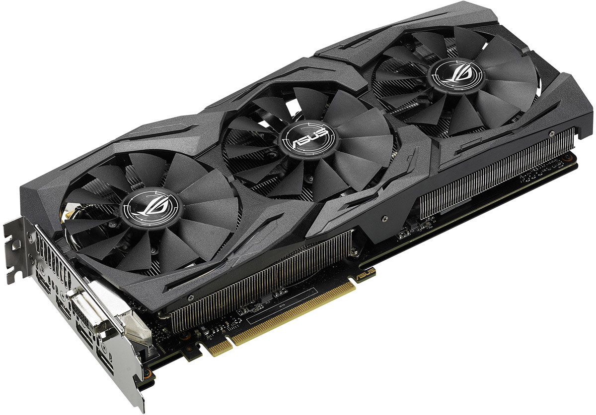 ASUS Strix GeForce GTX 1070 O8G Gaming 8GB видеокартаSTRIX-GTX1070-O8G-GAMING ASUS Strix GeForce GTX 1070 O8G Gaming 8GB видеокартаSTRIX-GTX1070-O8G-GAMINGВидеокарта ROG Strix GTX 1070 - это геймерская модель высшего класса, оснащенная множеством эксклюзивных технологий ASUS. Используемая на ней система охлаждения DirectCU III может похвастать высокой эффективностью за счет вентиляторов с оптимизированной геометрией крыльчатки, а безупречная надежность устройства обеспечивается полностью автоматизированным процессом производства (технология Auto-Extreme). Система подсветки Aura RGB поможет сделать дизайн компьютера незабываемым с помощью оригинальных световых эффектов, в то время как совместимые с VR-устройствами порты HDMI подарят геймерам возможность окунуться в захватывающий мир виртуальной реальности. В комплект поставки ROG Strix GTX 1070 входят утилиты GPU Tweak II (для настройки и мониторинга параметров видеокарты) и XSplit Gamecaster (для записи и трансляции процесса игры в режиме реального времени).Флагманский графический процессор NVIDIA GeForce GTX 1070 создан на базе самой технически совершенной архитектурой графических процессоров NVIDIA Pascal. Он обеспечивает революционную производительность, инновационные технологии и захватывающие VR-возможности нового поколения.Архитектура Pascal удовлетворяет требованиям дисплеев нового поколения, включая VR-дисплеи и дисплеи ультравысокого разрешения, и поддерживает подключение нескольких мониторов. Она совместима с комплексом технологий NVIDIA GameWorks, которые обеспечивают плавный игровой процесс и высокую реалистичность. Кроме того, она поддерживает революционную технологию записи изображения с охватом в 360 градусов.На данную видеокарту установлена эксклюзивная система охлаждения DirectCU III с технологией прямого контакта: медные тепловые трубки кулера непосредственно контактируют с поверхностью графического процессора.Три высококачественных вентилятора с оптимизированной геометрией крыльчатки, входящие в состав системы охлаждения DirectCU III, усиливают воздушный поток и увеличивают статическое давление по сравнению с обычными. Кроме того, благодаря продуманной конструкции радиатора данный кулер способен охлаждать видеокарту при невысоком уровне нагрузки в пассивном режиме, то есть при нулевом уровне шума.Система охлаждения геймерского компьютера может быть неэффективна из-за того, что алгоритм работы корпусных вентиляторов учитывает лишь температуру центрального процессора, в то время как во время длительных игровых сессий температура процессора графического зачастую бывает значительно выше. Чтобы устранить эту проблему, видеокарты серии ROG Strix оснащаются двумя 4-контактными разъемами для системных вентиляторов с регулировкой на основе температуры графического процессора.Высокому качеству готового устройства способствует полностью автоматизированный процесс производства (технология Auto-Extreme), который соответствует более строгим экологическим нормам за счет устранения вредных химических веществ и уменьшения энергопотребления на 50%.Стильная светодиодная подсветка Aura RGB, реализованная на видеокартах серии ROG Strix, предлагает насладиться миллионами цветовых комбинаций в сочетании с шестью завораживающими визуальными эффектами.Видеокарты ROG Strix обладают двумя разъемами HDMI, что позволяет одновременно подключить и дисплей, и систему виртуальной реальности.Современные видеокарты ASUS совместимы с эксклюзивной утилитой GPU Tweak II, с помощью которой можно получить полный контроль над графической подсистемой компьютера. Например, новая функция Gaming Booster позволяет моментально выделить все доступные вычислительные ресурсы под 3D-приложение, чтобы обеспечить максимальную производительность.