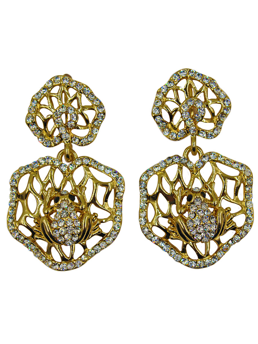 Серьги Taya, цвет: золото. T-B-11171-EARR-GOLDПуссеты (гвоздики) Серьги Taya, цвет: золото. T-B-11171-EARR-GOLDПуссеты (гвоздики)Серьги с английским замком, на котором пробит бренд Taya. Изготовлена модель из гипоаллергенного бижутерного сплава. Выполнены серьги в форме листка лотоса. На котором оформлена золотая лягушка с черными глазками-бусинками. Лягушка - это талисман изобилия и богатства.