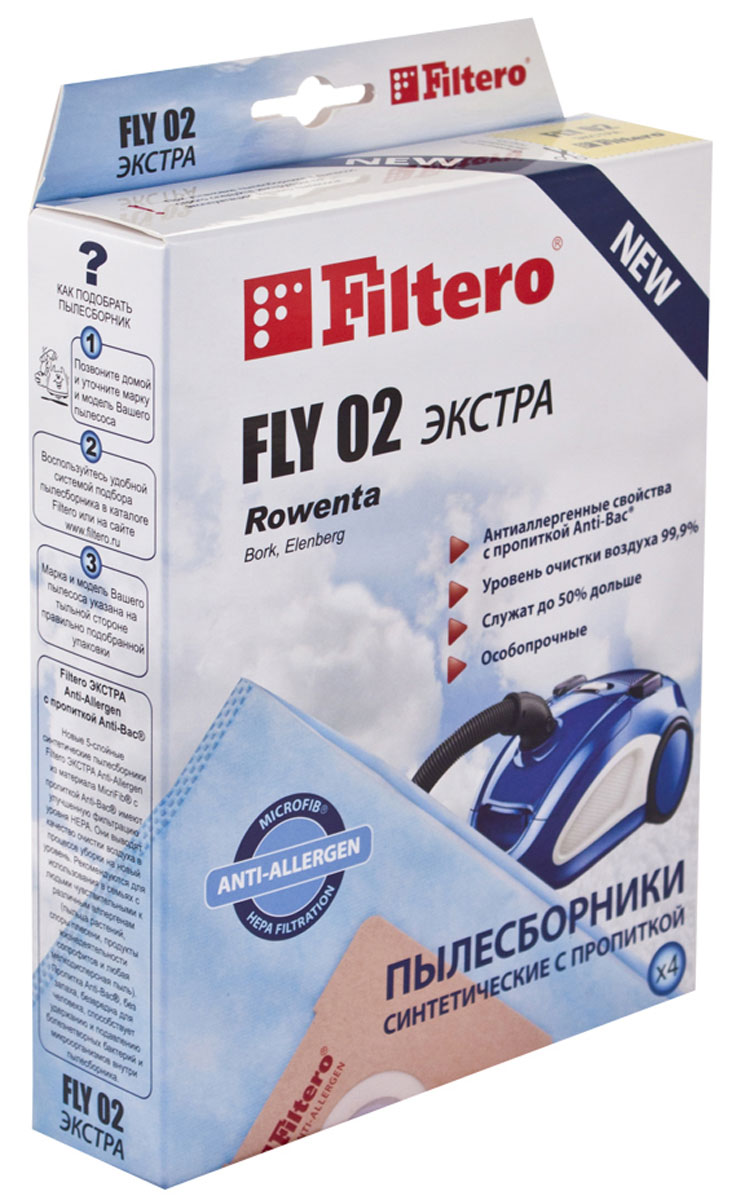 Filtero Fly 02 Экстра комплект пылесборников, 4 штFLY 02 (4) ЭКСТРА Filtero Fly 02 Экстра комплект пылесборников, 4 штFLY 02 (4) ЭКСТРАFiltero Fly 02 Экстра произведены из синтетического микроволокна MicroFib, пятислойные. Очень прочные, не боятся острых предметов и влаги, собирают больше (до 50%) пыли, чем бумажные. Обеспечивают уровень очистки воздуха НЕРА. Сохраняют мощность всасывания в течение всего периода службы пылесборника. Антибактериальная пропитка Anti-Bac защищает от аллергенов и угнетает размножение бактерий в мешке. Рекомендуются для семей с детьми, людей страдающих аллергией и заболеваниями дыхательных путей.Подходят для следующих моделей пылесосов:ALPINA SF 2202;ATLANTAATH 3250, 3450;BIMATEKV 1001 - V 1004, V 1008, V 1009, V 1011, V 1416,V 2001, V 2115, V 2116, V 5001, V 5003, V 6314;BORKVC 1316, 1416, 1715;CAMERON CVC 1010;CLATRONICBS 1222, 1230;ELEKTAEVC 1450, 1, 2450 Hurricane;ELENBERGVC 2010, 2015, 2020, 2022, 2025;EVGOEVC 2030, 2520, 2550, 2590;HOOVERT 1505, T 1510, T 137P Studio; HYUNDAI H-VC 1081,H-VC 1597;LERANVC 1201;MAXIMAMV-304;MELISSAVCC 11, 12, 14Mirage;POLAR VC 1404 Malva; POLARISPVC 1405, 1406, 1608F;ROLSENLB 2040, T 2142, T 2143;ROWENTARO 1321, 1336 Gimini, RO 1513, 1521 Booly;RUBINR 2432 MS;SAKURASA 8300, 8301;SATURNST 1293 Theseus;SCARLETTSC 080 Felix, 081 Vester, 082 Lambert, 084 Marcus, 085 Jerry, 1082, 285 Neal, 285 Delbert;SHIVAKISVC 1409 Sirokko, 1418, 1420 Boreas,1423 Zephyr,TRONYT 1324, 1438, 1509, 1553, VC 1400;UFESAAC 3514, 3515, AT7407, 7506,Arian Mousy;VITEK VT 1809.