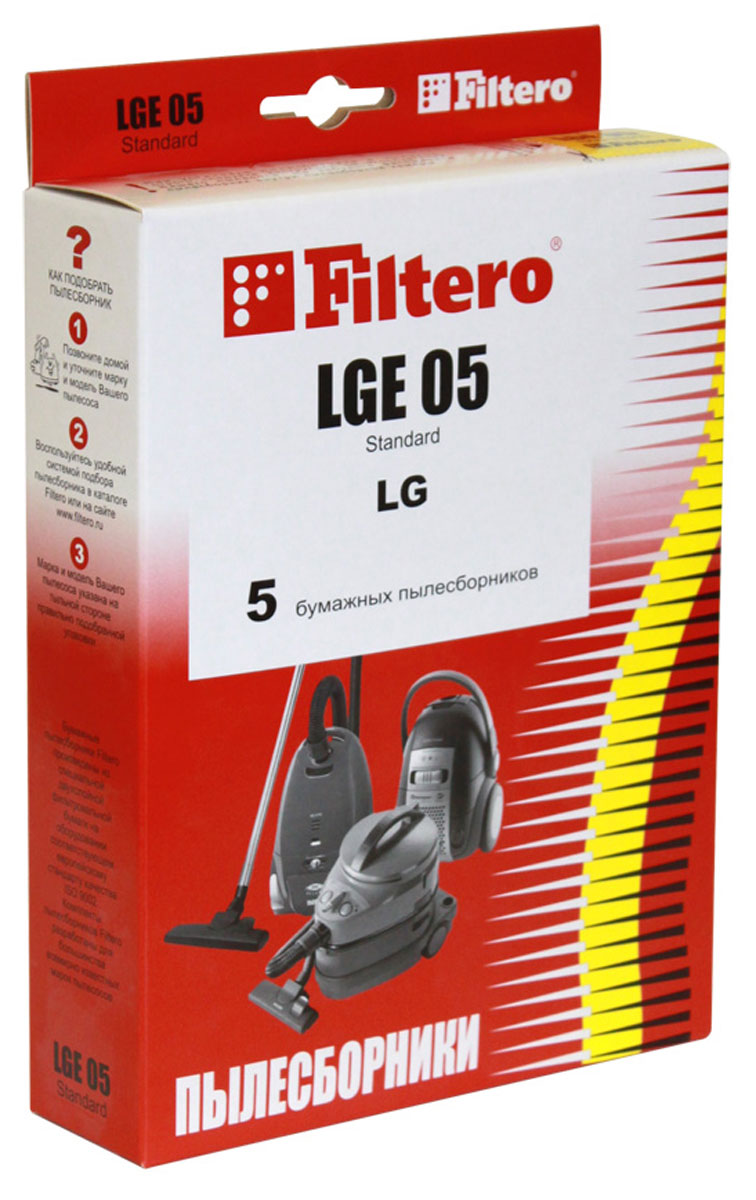 Filtero LGE 05 Standard комплект пылесборников, 5 штLGE 05 (5) Standard Filtero LGE 05 Standard комплект пылесборников, 5 штLGE 05 (5) StandardБумажные пылесборники Filtero LGE 05 Standard произведены из специальной двухслойной фильтровальной бумаги на оборудовании соответствующему европейскому стандарту качества ISO 9002. Обеспечивают более высокую степень очистки, чем многоразовые тканевые мешки.Пылесборники подходят для следующих моделей пылесосов:LG:50... Shark51... SharkV 43...V 50...V 50... SharkV 51... Sharkнапример V 5144 HT SharkV 63...V-C 51...V-C 63...например V-C 6367 HEUV-C 64...например V-C 6482 STVV-C 67... Vollk например V-C 6785 HTR Vollk