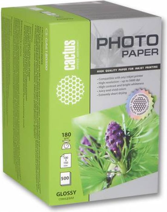 Cactus CS-GA6180500/180г/м2 глянцевая фотобумага для струйной печати (500 листов)CS-GA6180500 Cactus CS-GA6180500/180г/м2 глянцевая фотобумага для струйной печати (500 листов)CS-GA6180500Фотобумага Cactus CS-GA6180500 с глянцевым покрытием для струйной печати.Наслаждайтесь лучшими мгновениями вашей жизни в сочных и насыщенных цветах. Представляйте яркие и красочные презентации. Создавайте отпечатки высочайшего качества. Фотобумага Cactus совместима со струйными принтерами Hewlett Packard, Canon, Epson и другими марками. Высококлассное покрытие фотобумаги Cactus позволяет добиться максимально точной цветопередачи при печати фотографий и графики.