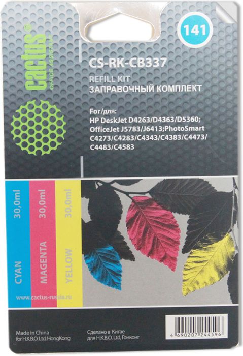 Cactus CS-RK-CB337, Color заправочный набор для HP DeskJet D4263/D4363/D5360/OfficeJet J5783 (3 х 30 мл)CS-RK-CB337 Cactus CS-RK-CB337, Color заправочный набор для HP DeskJet D4263/D4363/D5360/OfficeJet J5783 (3 х 30 мл)CS-RK-CB337Заправка Cactus CS-RK-CB337 для перезаправляемых картриджей HP DeskJet D4263, D4363, D5360, OfficeJet J5783.Расходные материалы Cactus для печати максимизируют характеристики принтера. Обеспечивают повышенную четкость изображения и плавность переходов оттенков и полутонов, позволяют отображать мельчайшие детали изображения. Обеспечивают надежное качество печати.