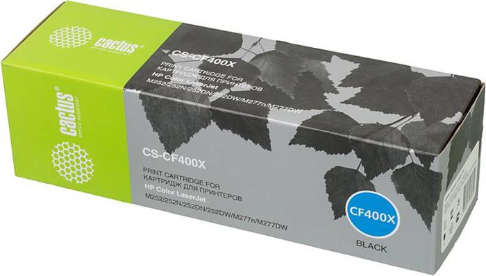 Cactus CS-CF400X, Black тонер-картридж для HP CLJ M252/252N/252DN/252DW/M277n/M277DWCS-CF400X Cactus CS-CF400X, Black тонер-картридж для HP CLJ M252/252N/252DN/252DW/M277n/M277DWCS-CF400XТонер-картридж Cactus CS-CF400X для лазерных принтеров HP CLJ M252/252N/252DN/252DW/M277n/M277DW.Расходные материалы Cactus для лазерной печати максимизируют характеристики принтера. Обеспечивают повышенную чёткость чёрного текста и плавность переходов оттенков серого цвета и полутонов, позволяют отображать мельчайшие детали изображения. Гарантируют надежное качество печати.