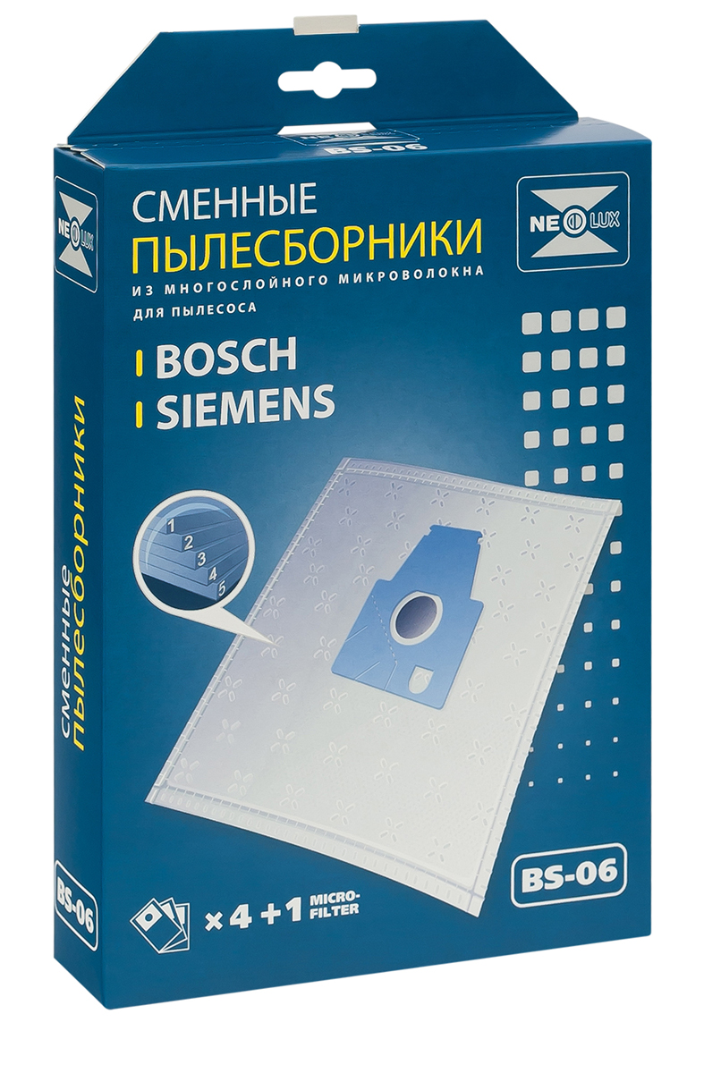Neolux BS-06 пылесборник из пятислойного микроволокна (4 шт) + микрофильтрBS-06 Neolux BS-06 пылесборник из пятислойного микроволокна (4 шт) + микрофильтрBS-06Пылесборники Neolux BS-06 предназначены для пылесосов BOSCH, SIEMENS. Изготовлены из пятислойного микроволокна и содержат 2 слоя Meltblown, которые и являются основными фильтрующими элементами. Задерживают 99,9 % пыли, идеальны для людей, страдающих аллергией. Не боятся случайного попадания влаги и острых предметов. Служат в 1,5 раза дольше бумажных пылесборников. Продлевают срок службы двигателя пылесоса. Сокращают время уборки за счет сохранения мощности двигателя пылесоса. В комплект входит универсальный фильтр защиты двигателя размером 125х195 мм.