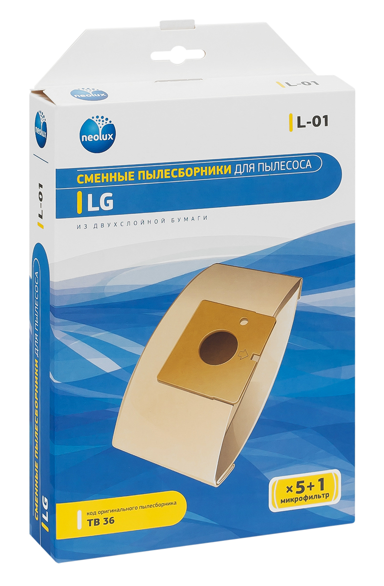 Neolux L-01 бумажный пылесборник (5 шт) + микрофильтрL-01 Neolux L-01 бумажный пылесборник (5 шт) + микрофильтрL-01Пылесборники Neolux L-01 предназначены для пылесосов LG. Изготовлены из двухслойной фильтровальной бумаги. Обеспечивают идеальное качество уборки.В комплект входит универсальный фильтр защиты двигателя размером 125х195 мм.Совместимые модели:LG: V 36-V 38, V 42Magic, V 44Turbo Extra, V-C 26, V-C 29Turbo Storm, V-C 30 Storm Extra, V-C 36Turbo Storm, V-C 374 Turbo Storm, V-C 40 Turbo, V-C 41 Turbo Gamma, V-C 42Magic, V-C 44, V-C 4AO , V-C4 A99, V-C 484, V-C 485, V-C 576Turbo Max, V-C577, V-C 58Turbo Max, V-C 61Magic, V-C 62, V-C 65, V-C 711, V-C 86,V-CP 54- 56 Turbo Gamma, V-CQ362, V-CQ372, V-CQ382, V-CQ 57.