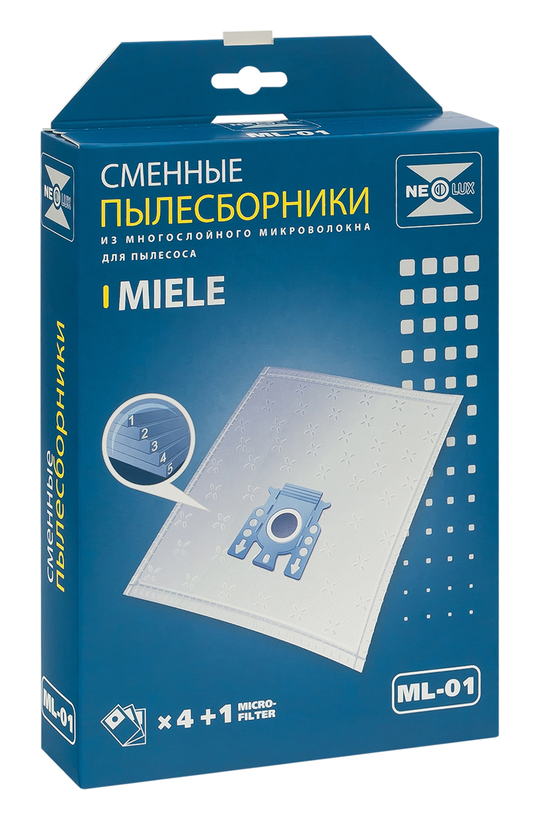 Neolux ML-01 пылесборник из пятислойного микроволокна (4 шт) + микрофильтрML-01 Neolux ML-01 пылесборник из пятислойного микроволокна (4 шт) + микрофильтрML-01Пылесборники Neolux ML-01 ( тип F, J, M) предназначены для пылесосов Miele. Изготовлены из пятислойного микроволокна и содержат 2 слоя Meltblown, которые и являются основными фильтрующими элементами. Задерживают 99,9 % пыли, идеальны для людей, страдающих аллергией. Не боятся случайного попадания влаги и острых предметов. Служат в 1,5 раза дольше бумажных пылесборников. Продлевают срок службы двигателя пылесоса. Сокращают время уборки за счет сохранения мощности двигателя пылесоса.В комплект входит универсальный фильтр защиты двигателя размером 125х195 мм.