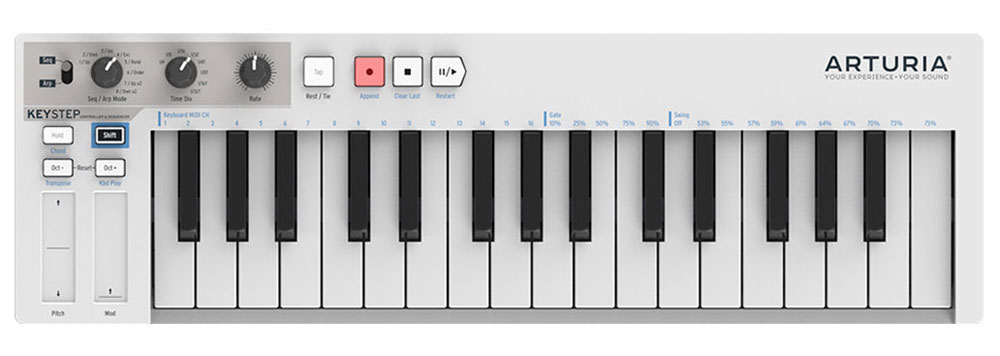 Arturia KeyStep MIDI-клавиатураKeyStep Arturia KeyStep MIDI-клавиатураKeyStepArturia KeyStep стильная и недорогая MIDI-клавиатура. Данная модель оснащена встроенным полифоническим шаговым секвенсором, имеет три различных режима работы и продвинутые возможности подключения. MIDI-клавиатура оснащена качественной клавиатурой с 32 мини-клавишами, обеспечивающей естественные ощущения при игре.Особенности:Встроенный 64-шаговый 8-нотный полифонический секвенсорАрпеджиатор с 8-ю режимами и режим воспроизведения аккордовМножество вариантов подключенияВозможность управления любым цифровым или аналоговым синтезаторомСенсорные ленточные контроллеры Pitch Bend и ModulationПитание по шине USB или от опционального внешнего адаптера (продается отдельно)Питание от iPad (необходим опциональный адаптер Camera Connection Kit)