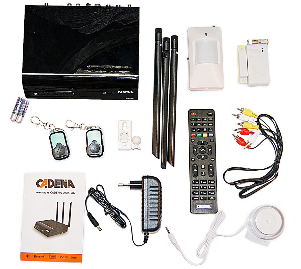 Cadena UMK-587 мультимедийный комплекс с набором датчиковUMK-587 Cadena UMK-587 мультимедийный комплекс с набором датчиковUMK-587Комплекс Cadena UMK-587 воплощает в себе самые важные функции, которые необходимы человеку для ежедневного комфорта и безопасности в квартире, в доме и на даче.Беспроводной датчик движения предназначен для обнаружения проникновения в закрытое охраняемое помещение и формирования извещения об этом событии, путем передачи сигнала на комплекс. ИК-датчик движения формирует в пространстве объемную зону обнаружения. Снабжен радиопередатчиком на 100 метров.Беспроводной датчик открытия двери предназначен для обнаружения проникновения в закрытое охраняемое помещение путем контроля открытия подвижных элементов строительных конструкций (окон, дверей, люков и др.) и отправления сигнала на комплекс. Снабжен радиопередатчиком на 100 метров.Проводная сирена является идеальным решением для подачи мощных звуковых сигналов тревоги. Звук сирены напоминает милицейскую сирену и слышен на очень большом расстоянии.2 мощных процессора на борту устройства обеспечивают его бесперебойную работу. Комплекс способен сохранять свои функции даже при отключении света: блок безопасности автономно работает до 8 часов без электричества.Cadena UMK-587 имеет интуитивно понятный интерфейс для пользователя. Система визуально подскажет, как настроить Комплекс и синхронизировать необходимые датчики, контролирующие безопасность в доме.Легкость первичной настройки и подключения датчиковДо 8 часов автономной работы без электропитанияВстроенный GSM модуль со слотом для Сим-картыТревожная SMS/MMS-фотография с объекта на мобильный телефонУстановка приложений на AndroidПоддержка аналоговых и IP камерУдаленное видеонаблюдение, запись при срабатывании датчиковДвусторонняяголосовая связьПодключение цифрового эфирного ТВЗапись телевизионных трансляцийДоступ в ИнтернетВоспроизведение медиа-файлов с USB-носителей, записьУправление с мобильного приложенияПроцессор:Amlogic S805 ОЗУ: 1 ГБ DDR3 ПЗУ: 8 ГБ eMMC Операционная система: Android 4.4Wi-Fi: 2,4ГГц 802.11b/g/n Bluetooth:v.4.0Поддержка: PlayMarket, AppStoreМощность радиопередатчика: не более 10дБмВстроенный аккумулятор: 5000 мАч (резервное питание)Тюнер: MXL 608Демодулятор: AVL6762Демодулятор: QPSK,16QAM,64QAM,256QAMДиапазон частот: 174 МГц-858 МГцПоддерживаемая файловая система: NTFS, FAT32, EXT3, EXT4