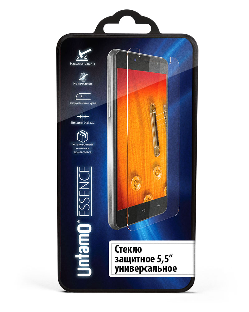 Untamo Essence универсальное защитное стекло для смартфонов 5,5UESPGUN55 Untamo Essence универсальное защитное стекло для смартфонов 5,5UESPGUN55Защитное стекло Untamo Essence поможет защитить экран смартфона даже от сильных ударов и других воздействий. При его изготовлении используется химически закаленный материал, соответствующий стандарту твердости 9H.Олеофобное покрытие предотвращает образование отпечатков пальцев и пятен на дисплее, отталкивая влагу и грязь. Толщина аксессуара не превышает 0,33 мм, что позволяет сохранить неизменное качество изображения и высокую чувствительность сенсора. Нанесение защитного стекла на подготовленный экран отнимает всего несколько секунд - для его фиксации применяется эластичный силикон, в котором не образуется пузырей воздуха.
