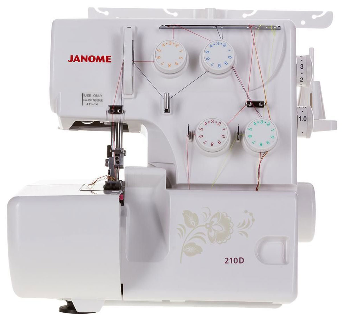 Janome 210D оверлок210D Оверлок Janome 210D оверлок210D ОверлокОверлок Janome 210D способен осуществлять сразу 8 видов краеобметочных швов. От других моделей его отличает тихая работа благодаря использованию новых технологий и упрощенная заправка верхних нитей и петлителей. Оверлок Janome 210D имеет усиленный транспортер ткани и дифференциальный механизм, которые способствуют качественному продвижению всех материалов высокой эластичности. Лишняя ткань в оверлоке Janome отсекается ножами, расположенными вверху и внизу. В образовании качественной оверлочной строчки принимают участие 3 или 4 нити. В возможности аппарата входит и оверлочная строчка с роликовым швом, перед использованием которого у пользователя не возникает необходимость менять игольную пластину. В комплекте с оверлоком поставляется множество аксессуаров для комфортного использования: набор игл, лапка для оверлока, пинцет и два вида отверток.