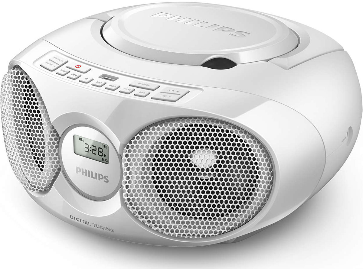 Philips AZ318W/12 магнитола c CDAZ318W/12 Philips AZ318W/12 магнитола c CDAZ318W/12Наслаждайтесь музыкой в любом месте с магнитолой Philips AZ318W/12.Режим динамического усиления НЧ максимизирует ваши ощущения от музыки, выделяя басовую составляющую музыки при любом уровне громкости одним нажатием кнопки! Частоты в нижней части диапазона басов обычно теряются при низком уровне громкости. Чтобы избежать этого, можно включить режим динамического усиления НЧ, тогда звук останется полноценным даже на малой громкости. Одно простое подключение, и вы можете наслаждаться любимой музыкой с портативных устройств и компьютеров. Просто подключите свое устройство к аудиовходу (3,5 мм) на комплекте АС Philips. На компьютерах подключение можно выполнить через разъем для наушников. Всю музыкальную коллекцию можно слушать через АС сразу после подключения. Технологии Philips делают звук качественнее. Формат MP3 — это революционная технология сжатия, благодаря которой большие музыкальные файлы цифровой записи сжимаются в размерах до 10 раз без кардинального ухудшения качества их звучания. Формат MP3 стал стандартным форматом сжатия аудиоданных, используемым в сети Интернет и позволяет выполнять быструю и простую передачу аудиофайлов. Благодаря универсальной возможности переноса файлов так просто получить доступ к музыкальным файлам через прямой порт USB.ЖК-дисплей Динамическое усиление басовТелескопическая антенна
