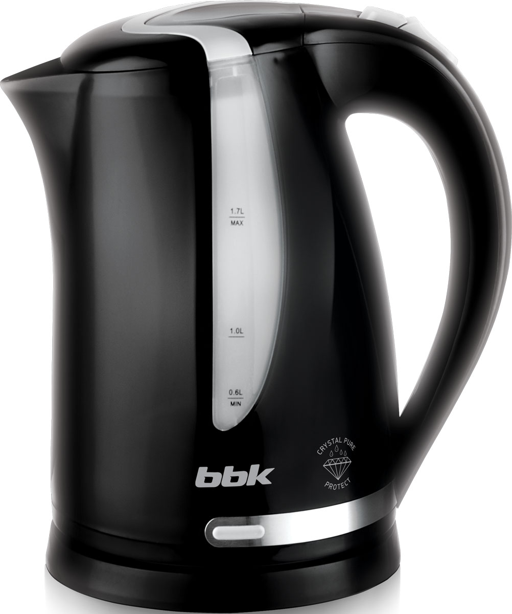 BBK EK1708P, Black Silver электрический чайникEK1708P чер/сер BBK EK1708P, Black Silver электрический чайникEK1708P чер/серСовременный электрический чайник BBK EK1708P из термостойкого экологически чистого пластика имеет мощность 2200 Вт и емкость 1,7 литра. Модель оснащена технологией Crystal Pure Protect – улучшенная защита от накипи и усовершенствованная очистка воды. Чайник установлен на удобной подставке с возможностью поворота на 360° и с отделением для хранения шнура. Съемный фильтр от накипи, скрытый нагревательный элемент, удобный носик для наливания и шкала уровня воды обеспечат комфортное ежедневное использование. Отличительной особенностью является световой индикатор работы.